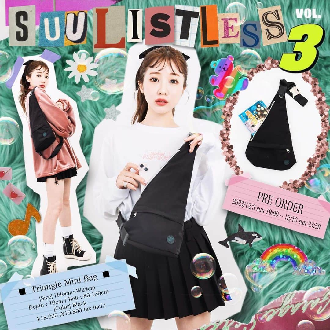 吉田菫のインスタグラム：「🎂𝗦𝘂𝘂×𝗟𝗜𝗦𝗧𝗟𝗘𝗦𝗦　𝗩𝗼𝘃.𝟯🎂  🎀Triangle Mini Bag 🎀Rebirthday Ring 🎀Suu×LISTLESS Socks(2サイズ)  本日19時から受注受付♡ こんなアイテムが欲しいと思って拘って作った アイテム達です💗 特典内容やミーグリ開催のお知らせもあるのでサイトをチェックしてね( ◠‿◠ )♡  #suulistless」