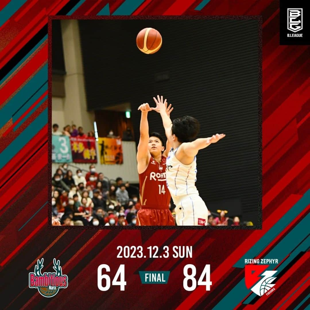 バンビシャス奈良のインスタグラム：「#バンビシャス奈良 64-84 #ライジングゼファー福岡  チームタイ記録の7連勝には惜しくも届かず 次節からまた戦います❗ 本日も熱いブーストをありがとうございました🔥  📅23.12.3 🆚#ライジングゼファー福岡 📍金魚スクエア」