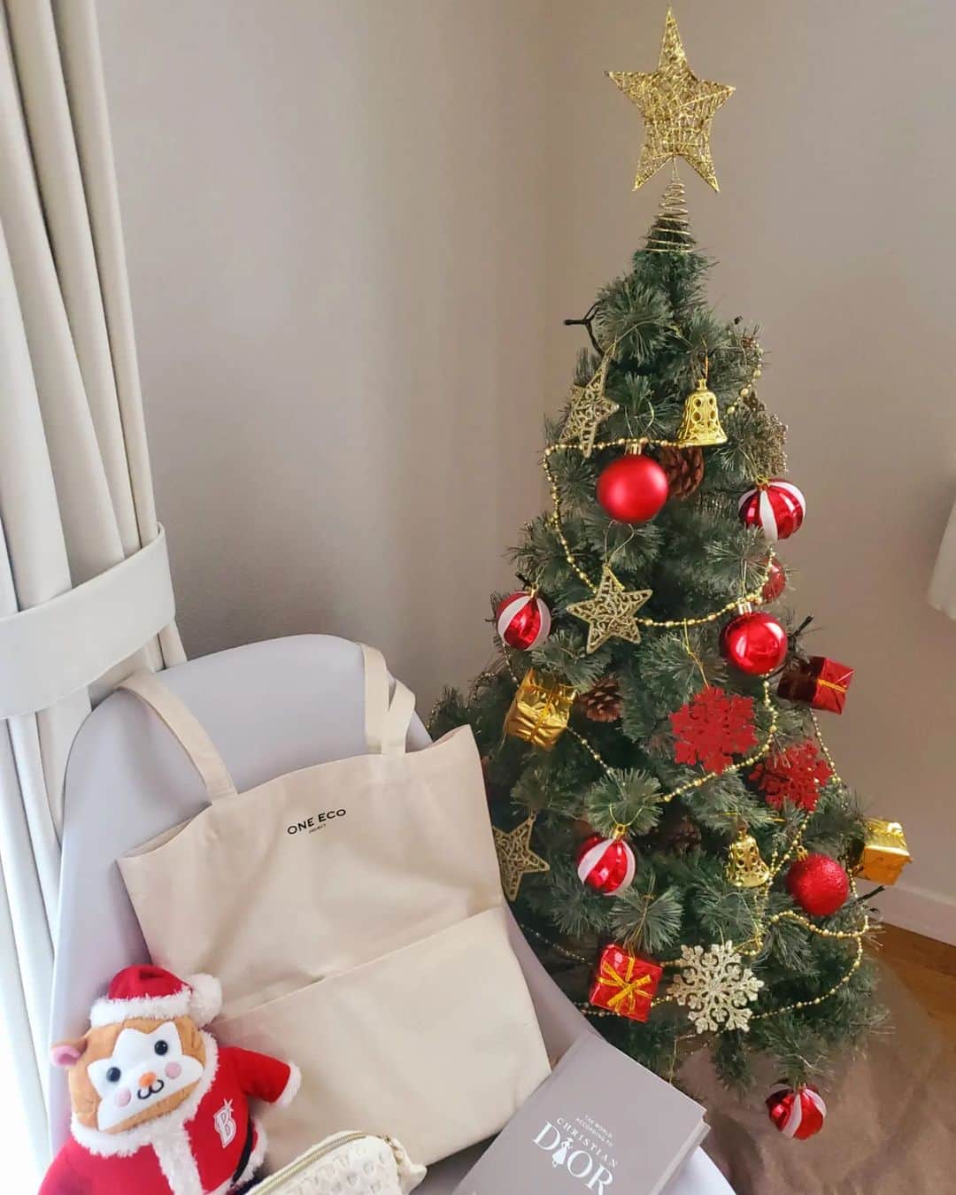 小谷津友里のインスタグラム：「12月になったしクリスマスツリー出した⛄🎄✨ 街中でもツリーを見かけることが増えてうきうき☺️  このバッグは本や参考書をたっぷり入れられる @komamonolab の本袋📖  外ポケットは、本が一冊入るくらい大きいの📖 スマホとかペンも入れて整理できて 取り出しやすい✨  こういうの一個あると普段使いしやすくて いいよねぇ☺️💓  #PR #komamonolab #oneecoproject #本袋 #エコバッグ  #絵本 #しろくまのパンツ #くまのがっこう #読書 #book #クリスマス #クリスマスツリー」