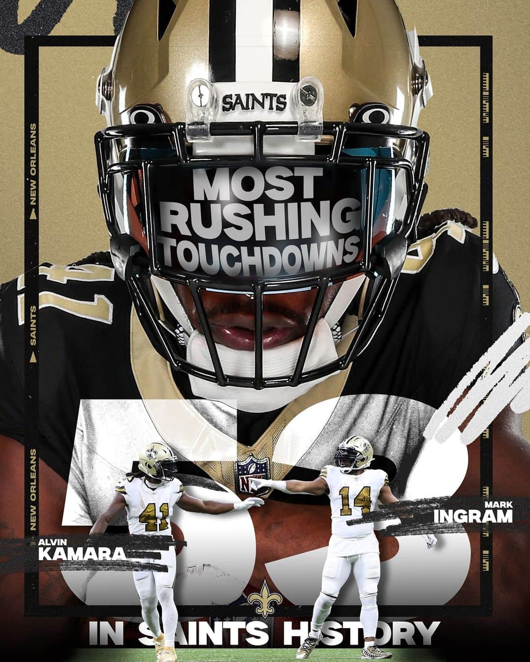 ニューオーリンズ・セインツのインスタグラム：「New record for @alvinkamara: most rushing TDs in #Saints history (53)  Passing his brother @markingramll 🤝」