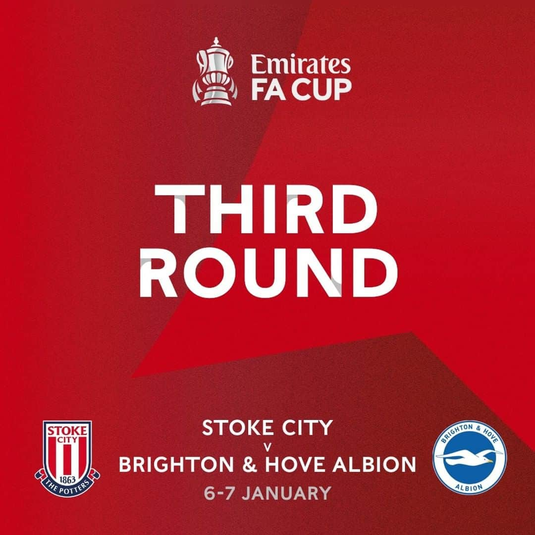 ストーク・シティFCのインスタグラム：「🏆 The Potters will host Brighton & Hove Albion in the Third Round of The Emirates FA Cup.  The tie will be played on the weekend of 6-7 January.  #StokeCity #SCFC」