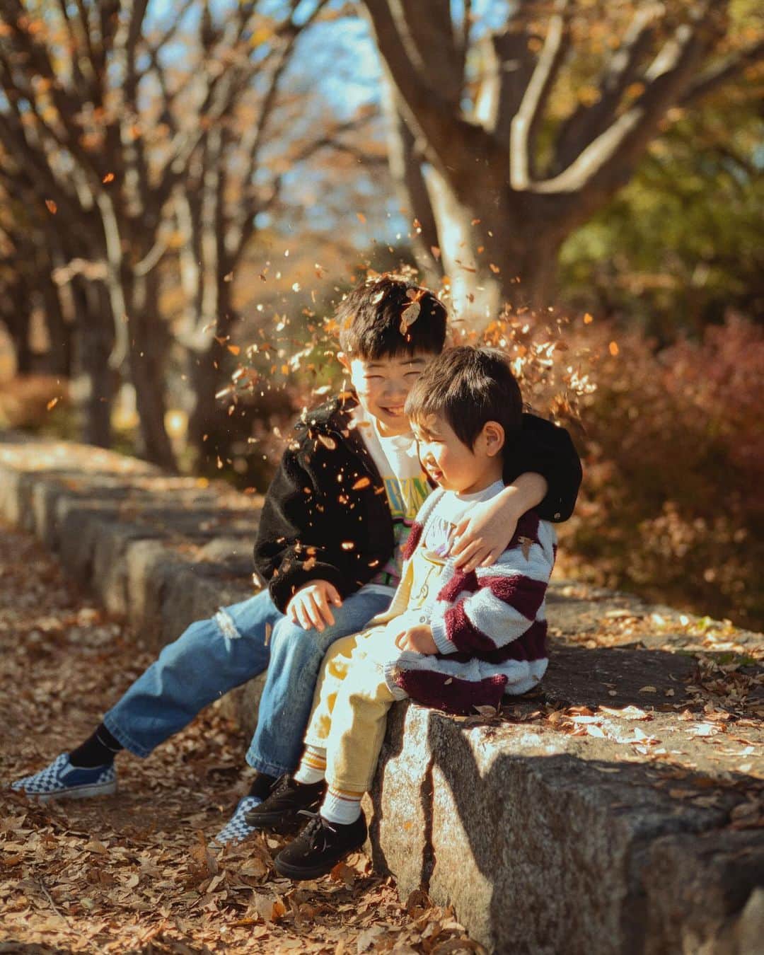小島ジェシーのインスタグラム：「礼が生まれた年から毎年の恒例行事にしてる、秋の駒沢公園の木と一緒に撮るやつをやりにいったら、まさかの工事中だった。。。  無くならないでまた来年出来るといいな。  #portrait #portraitphotography #portraitmood」
