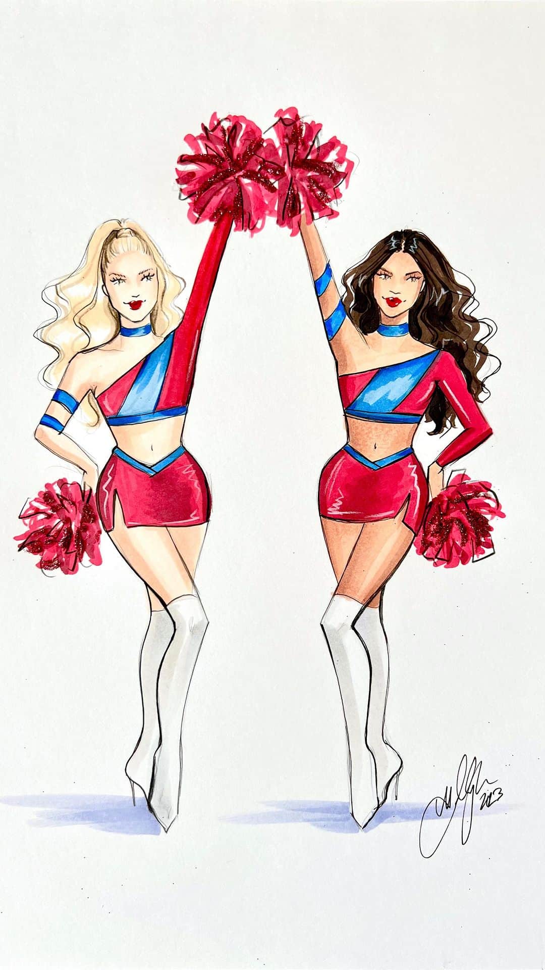 Holly Nicholsのインスタグラム：「Game Day! I illustrated a cheer piece inspired by the @patriots throwback jerseys ❤️🏈 thank you to Kraft Sports and Entertainment for having me out at the game today, I can’t wait! Go Pats! #fashionillustration #newenglandpatriots #patriots #asmr #copic #illustration #cheerleader #hnicholsillustration」