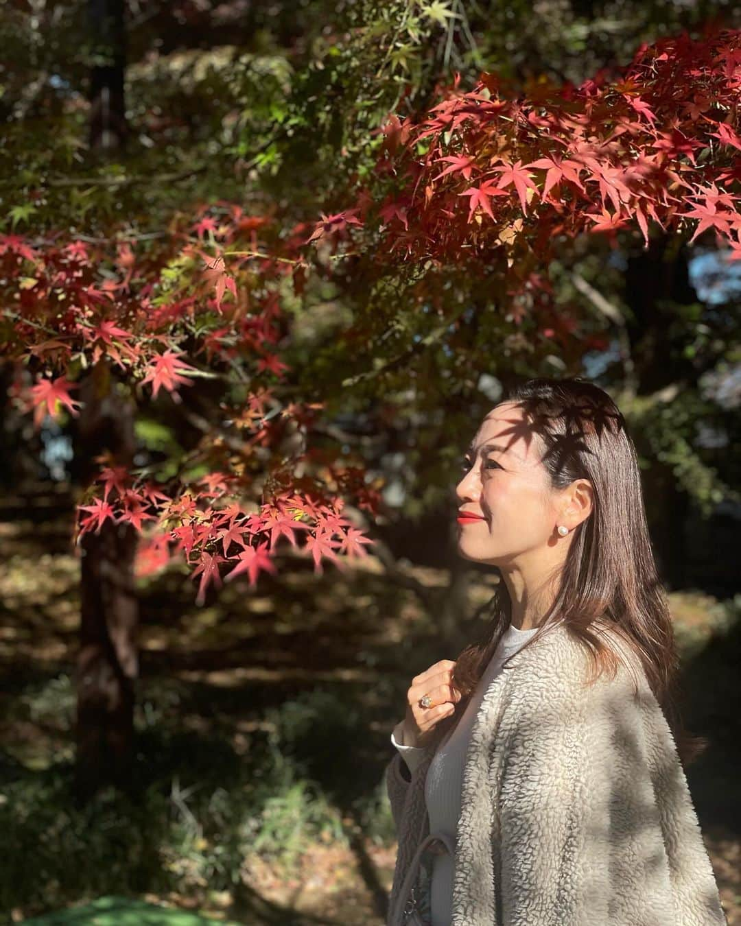 沢瀉美緒のインスタグラム：「※ To finding autumn 🍂  . 先週の方が綺麗だった九品仏の楓。 母が撮ってくれたんだけど、 顔に楓がプリントされてるわね笑 と大爆笑しました。 . 目がピエロみたいになってる🤡 . . #九品仏 #紅葉 #楓 #🍁」