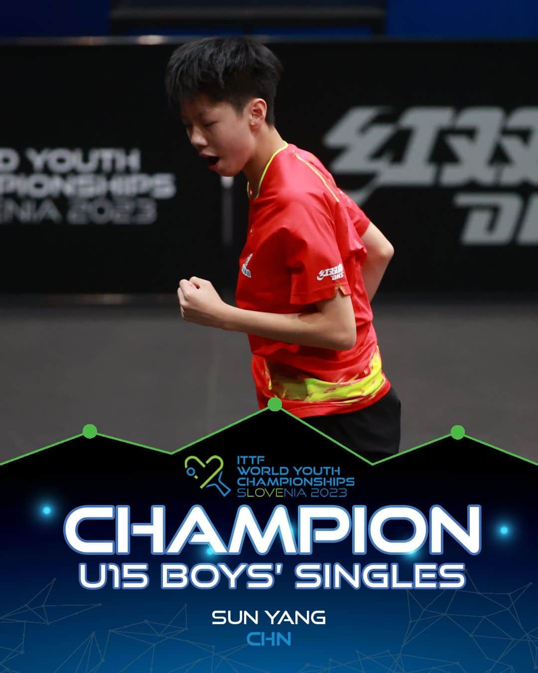 のインスタグラム：「Sun Yang stamps his mark on the #ITTFWorldYouths stage with his 4-0 win to gain the U15 Boys' Singles trophy 👑」