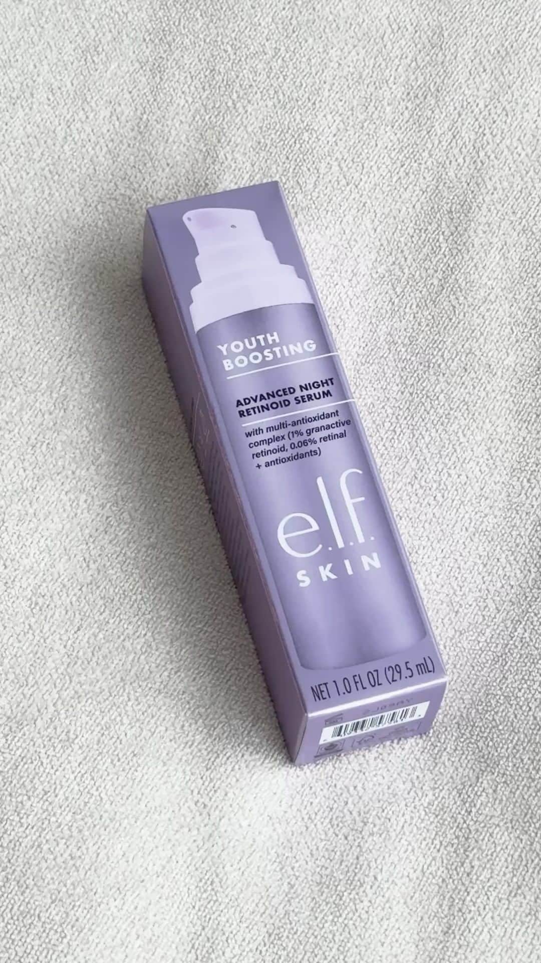 e.l.f.のインスタグラム：「Let your skin do the talking with e.l.f. SKIN’s Youth Boosting Advanced Night Retinoid Serum! 💜   This powerful anti-aging serum reduces the appearance of fine lines and wrinkles over time for rejuvenated, smooth, and radiant skin! ✨ Supercharged with hyaluronic acid, antioxidants and 1% granactive retinoid, this formula helps to brighten & hydrate skin. 💦   Tap to shop for only $22! 🙌   #elfskin #eyeslipsface #elfingamazing #crueltyfree #vegan」