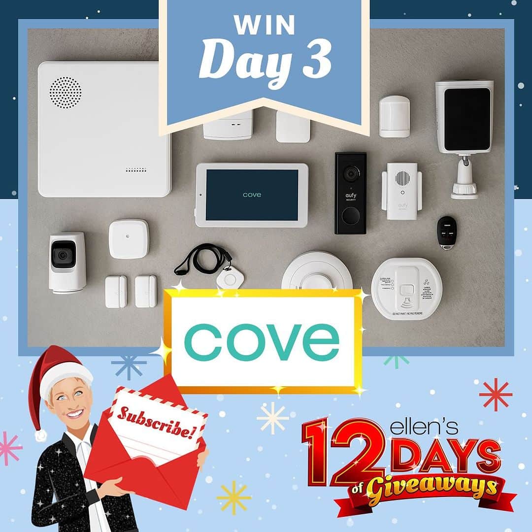エレン・デジェネレスのインスタグラム：「It’s Day 3 of the 12 days of Giveaways and this gift is all about peace of mind. Nothing gives me peace of mind like feeling safe at home. I found the best thing for that – a Cove Home Security Package. It has everything you need to secure your home, PLUS two years worth of monitoring.  The only way to enter the #giveaway is through my newsletter, so make sure to check your inbox for the link to enter. Or sign up to start receiving my newsletter through the link in my bio or at ellenshop.com/12Days. Good luck! #Ellens12Days」