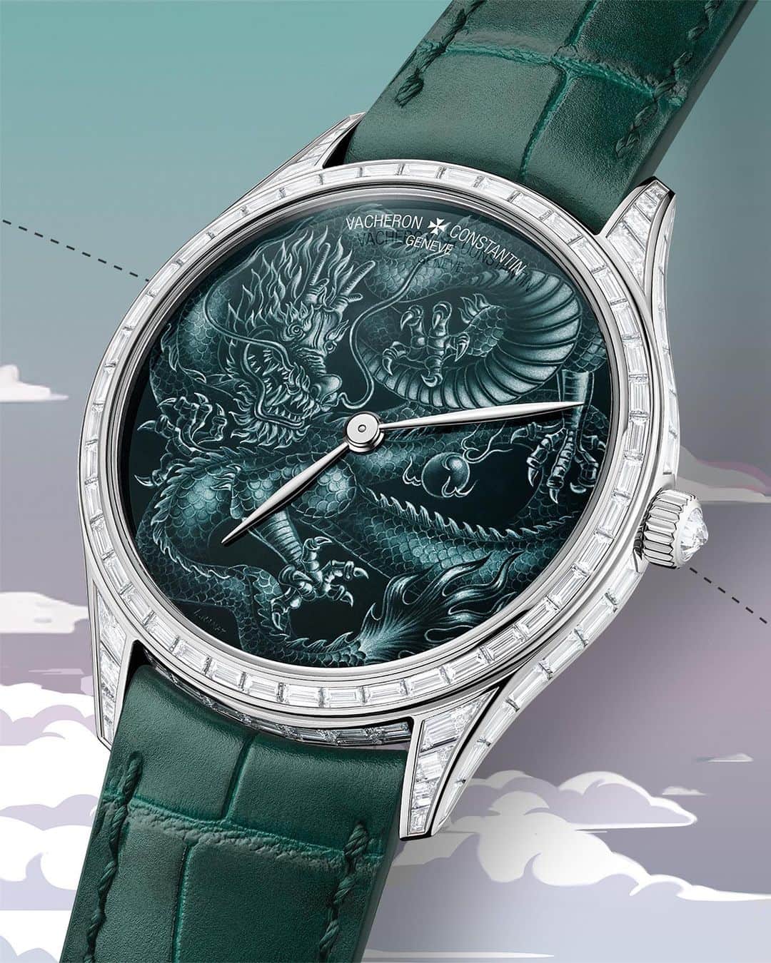 ヴァシュロン コンスタンタンのインスタグラム：「A legendary movement for a mystical creature 🐉  As we reach the final stage of our journey, we travel to ancient China to marvel at the new single-piece Les Cabinotiers Grisaille High Jewellery – Dragon. Its stunning dial, sheltering the five-clawed legendary animal, is a remarkable example of combining artistic crafts with innovation.  The master artisan has created a motif in green grisaille enamel, a first for the Manufacture, another first being the gemsetting of a grisaille-enamelled model. The result is a fantastic depiction of the magical beast, revealed from the chiaroscuro atmosphere with breathtaking attention to detail. The depth of this rare technique is accentuated by 146 baguette-cut diamonds capturing the light all around its white gold case.  At the heart lies the ultra-thin Calibre 1120, a legendary ultra-thin movement, propelling the white gold leaf-shaped hands with graceful precision.  Join the odyssey of our Récits de Voyages at the link in bio.  #VacheronConstantin #OneOfNotMany #oneofakind #vacheron #thehourlounge #watches #watch #watchesofinstagram #horology #watchoftheday #instawatch」