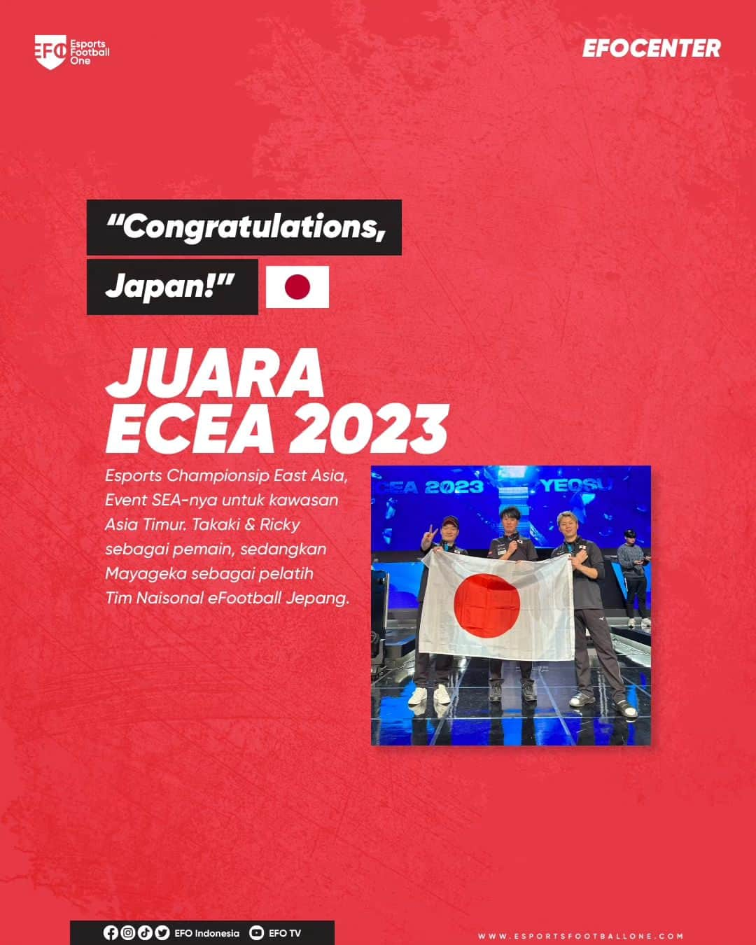 Mayagekaのインスタグラム：「SELAMAT! Jepang 🇯🇵 jadi JUARA eFootball di Kawasan Asia Timur! di ajang ECEA (Esports Championship East Asia) yang diadakan di Yeosu, Korea Selatan!  Bersaing dengan 2 negara lainnya: China 🇨🇳 & Korsel 🇰🇷, Jepang berhasil menjadi juara umum, dengan memenangkan 2 game: eFootball & Apex Legends! Mayageka sebagai "sepuh" di kancah eFootball tampil sebagai "coach" alias pelatih, sedangkan pemain Jepang sendiri terdiri dari Takaki & Ricky  Ini jadi salah satu bukti, sampai saat ini game eFootball memiliki aktivitas esports yang lebih "luas" dibanding FIFA/FC, terbukti "beragam"-nya event esports dari tingkat lokal-regional-internasional yang menggunakan eFootball di berbagai belahan dunia.  Kalau menurut kalian gimana? Apakah eFootball masih yang terbaik untuk esports genre sepakbola? Tulis juga komen kalian di bawah ya 😁🙏  #esports #efocenter #efoindonesia #esportsfootballone #efootball #efootball2024 #jesu #japan #china #southkorea #ecea2023 #apexlegends」