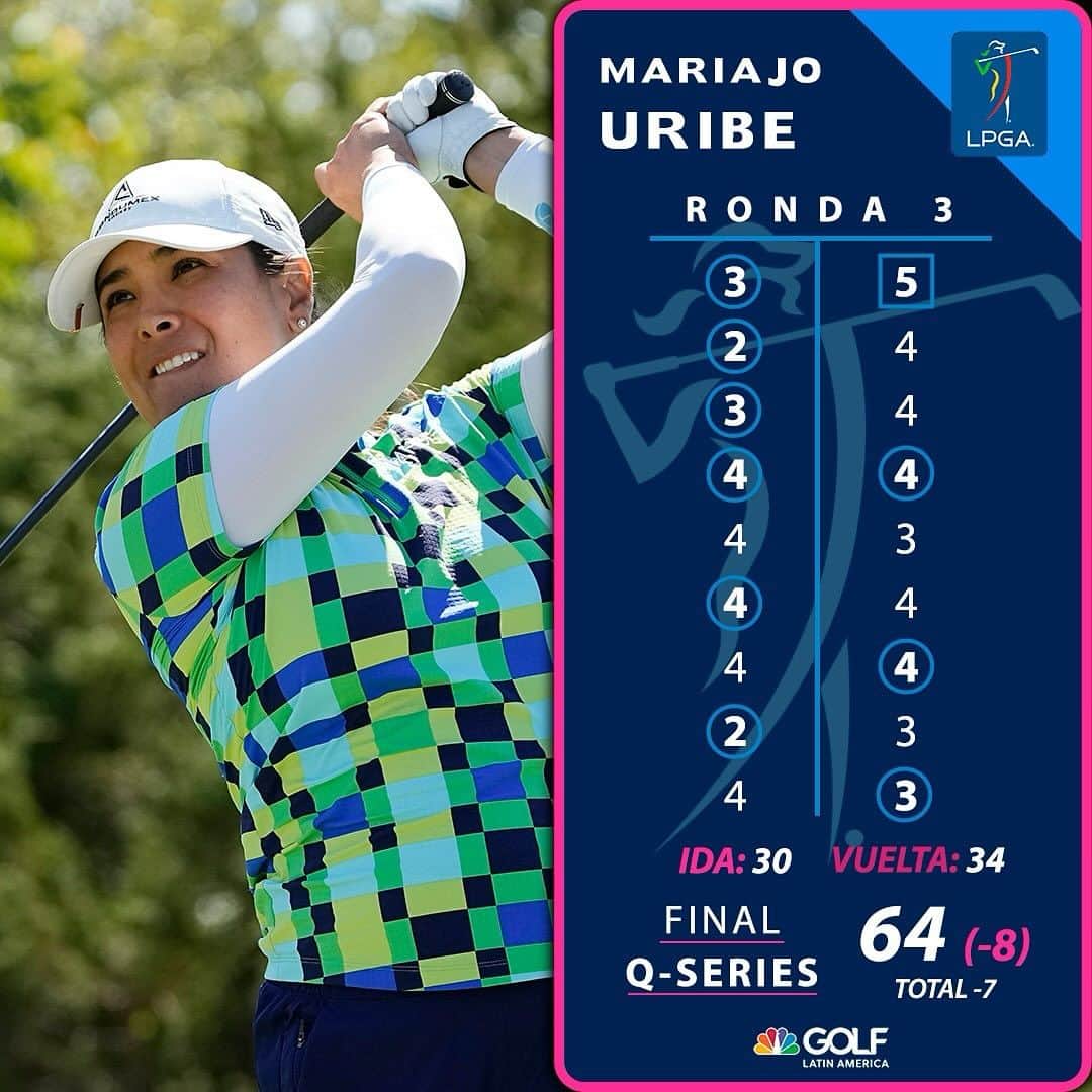 マリアホ・ウリベのインスタグラム：「¡Gran actuación! 🇨🇴🆙  @mariajogolf aprovechó con todo su tercera ronda en la Q-Series Finals del @LPGA 2024. ⚡️  La colombiana se ubica como la mejor de nuestra legión tras 54 hoyos jugados. 💪🏼」