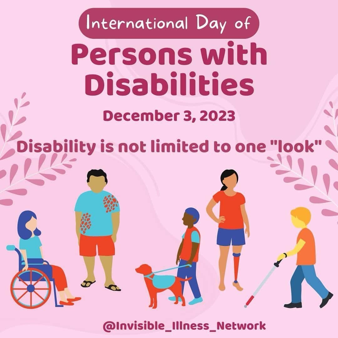 アンナ・パキンのインスタグラム：「Posted @withregram • @invisible_illness_network Happy International Day of People with Disabilities #IDPWD2023! On this day and every day please be aware that disabilities come in all shapes and sizes, and sometimes can’t be seen. 30 years ago today International Day of People With Disabilities was founded by the UN "to promote an understanding of disability issues and mobilize support for the dignity, rights, and well-being of persons with Disabilities."  On this day let's reflect on the progress that has been made to accommodating those with Disabilities, and think about how much farther we have to go.  [Image Description: a pink background with text that reads: "International Day of Persons with Disabilities. December 3, 2023. Disability is not limited to one “look”." Below there are graphics to show different types of disabilities. From left to right there is a person in a wheelchair, a person without any visible physical disability, a person with a service dog, a person with a prosthetic leg, and finally a person with a white cane.]」