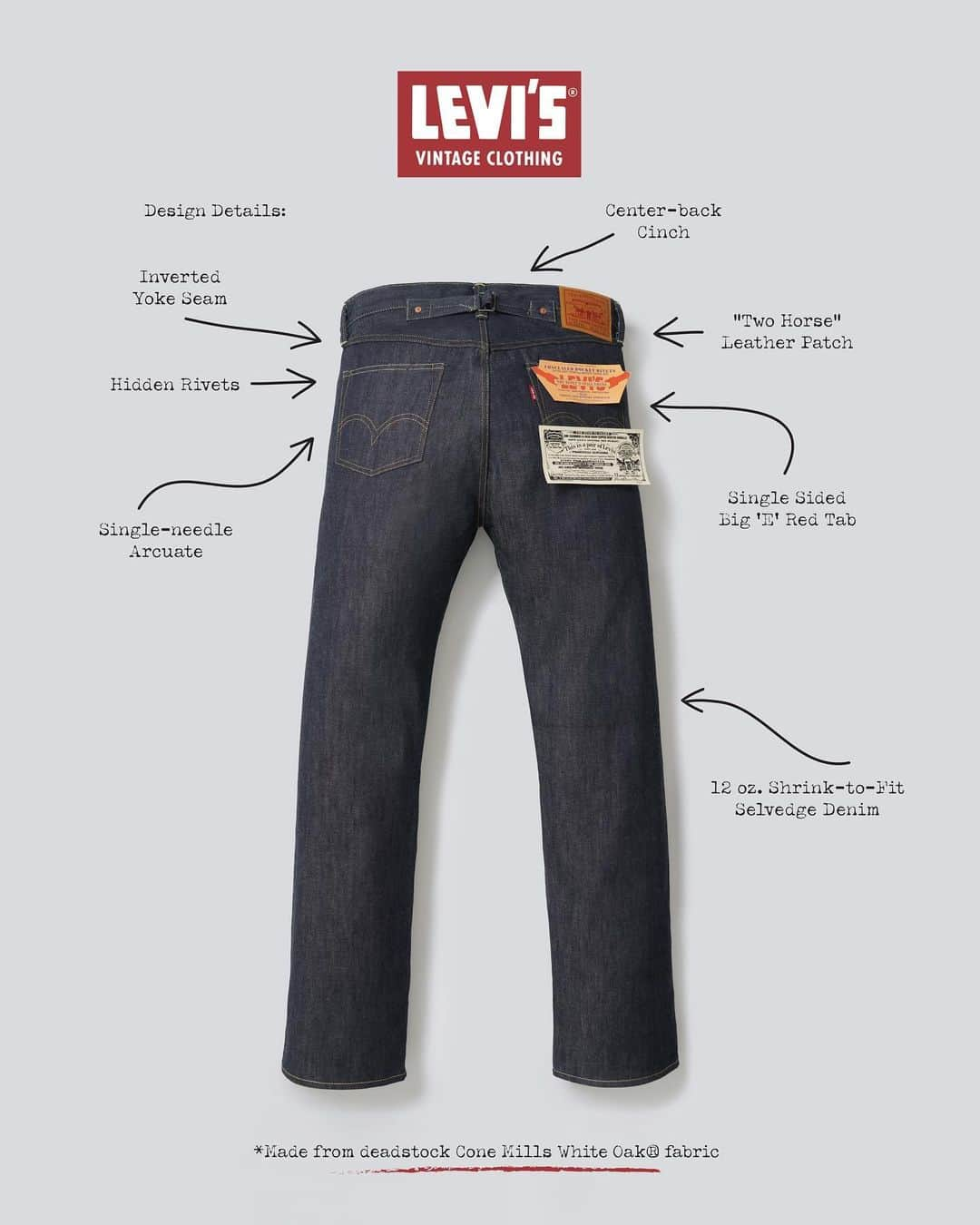 Levi's Japanのインスタグラム：「Levi’s® Vintage Clothing 1942 501®を発売   1937年501®と1944年501®両方の特徴をもつ、1942年に存在したという希少な501®。今回、このオリジナルピースを所有する藤原裕氏（@yuttan1977）がディレクターを務めるヴィンテージショップ・ベルベルジン（BerBerJin）の25周年を記念して、この1942年の501®を復刻。2023年12月８日（金）にBerBerJinと日本のリーバイス®公式オンラインストア限定で発売します。   生地はデッドストックのコーンミルズ社ホワイトオークデニムを使用し、アメリカ・サンフランシスコにあるリーバイス®の研究所「ユーレカ イノベーション ラボ」で制作したMade in USAの限定生産。※シリアルナンバー入り   1942年501®は、大戦モデルで知られる1944年501®の生地に、ベルトループとシンチバックが一緒についている1937年501®のディテールを備え、ステッチはバナナイエロー×オレンジの組み合わせ。また、後ろのヨーク部分が通常下からかぶりであるのに対し上からかぶり、シンチ裏のかぶせも左右が逆に縫われているという特別なディテールを持ち、今回のモデルの特徴が分かるギャランティーチケットまで忠実に復刻しました。   第二次世界大戦中、リーバイス®は、アメリカ政府から資材規制のためにディテールをシンプルにするように打診されましたが、生地自体は厚く丈夫にしたというのは有名な話。そんなファンも多いヘビーオンスの1944年501®の生地に、ワークウエアのディテールが色濃く残るディテールを備えている特別なモデルです。   リーバイス®公式オンラインストアでは、抽選販売を予定しています。   【抽選応募期間】 12月4日（月）～6日（水）23:59   【価格】 125,000円（税抜）  リーバイス®レッドタブ™の登録、 抽選応募はプロフィールリンク🔗から  #150YearsOf501​ #levisvintageclothing1966」