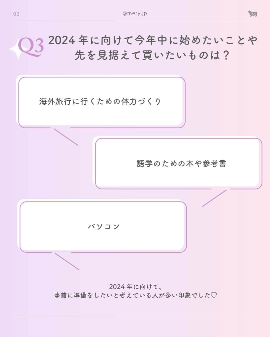 MERYさんのインスタグラム写真 - (MERYInstagram)「「フライング新年」でひと足先に叶えちゃおう👀2023年振り返り&2024年に始めたいこと  気がつけば2023年も残り1か月を切りました⛄ 今年はさまざまな規制が緩和され、去年以上にアクティブに行動をしたり、さまざまなことに対してモチベーションがアップした人も多いのではないでしょうか🥺🤍  今回はみんなの2023年の振り返りと、2024年に始めたいことや叶えたいこと・挑戦したいことを大調査！みんなの目標などを参考に、自分も2024年に向けて早め早めに準備を始めてもいいかも💡 また始めたいことや挑戦したいことによっては、事前に賢くお買い物をして、準備しておく必要があるかも🛍💭  ＼そんなみなさんに朗報～！📣／ いつものお店で“あと払い”が可能になる、あと払い（BNPL）サービス「ペイディ（ @paidy_jp ）」ではこの年末、「フライング新年」というコンセプトのもと、始めたいと思ったときこそが絶好のタイミングと位置付け、新年を待たずにその目標や夢のために今すぐ始めることを応援するキャッシュバックキャンペーンを開催中🎉  「年末感謝キャンペーン」 期間中に条件を満たしてお買い物すると、抽選で100名様に全額（最大10万円）キャッシュバックが当たる🪄  「対象ショップキャッシュバックキャンペーン」 期間中に対象ショップの決済画面でペイディを利用すると、抽選で3人に1人キャッシュバック（最大10万円）が当たる💎  来年はどんな年にしようか考え、挑戦したいことの達成に近づけるよう、準備を始めましょ🧸🤎 ※この投稿は2023年11月8日（水）～11月13日（月）の期間に、18歳～49歳の男女を対象に実施した、Paidyの「フライング新年調査」をもとに作成しています。 ※各キャンペーンの詳細は、公式HPをご確認ください。 ※内容が変更になる場合があります。詳しくは公式HPをご確認ください。  #PR #MERY_PR #Paidy #ペイディ #ペイディあと払いプラン #フライング新年2024 #フライング新年 #年末感謝キャンペーン #対象ショップキャッシュバックキャンペーン #キャッシュバックキャンペーン #キャッシュバック #あと払い #後払い #マネパ #お金の勉強 #お金の管理 #お金の知識 #抱負 #目標」12月4日 12時00分 - mery.jp