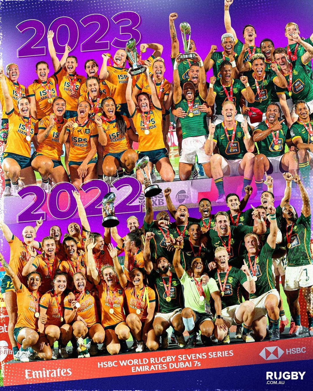 ラグビーオーストラリア代表のインスタグラム：「A little bit of history repeating 🏆  2022 repeats itself in 2023 for the #Aussie7s women and South African 7s Men over in Dubai!  #HSBCSVNS #Dubai7s」