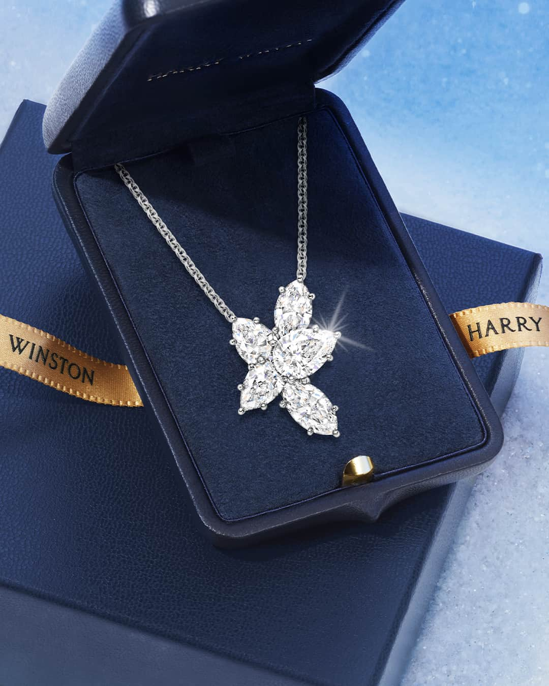 ハリー・ウィンストンのインスタグラム：「The innate sparkle of individual pear-shaped and marquise diamonds takes the lead in this delicate pendant from the Winston Cluster Collection. Let your loved one unwrap frosted brilliance. #WinstonCluster #HarryWinston」