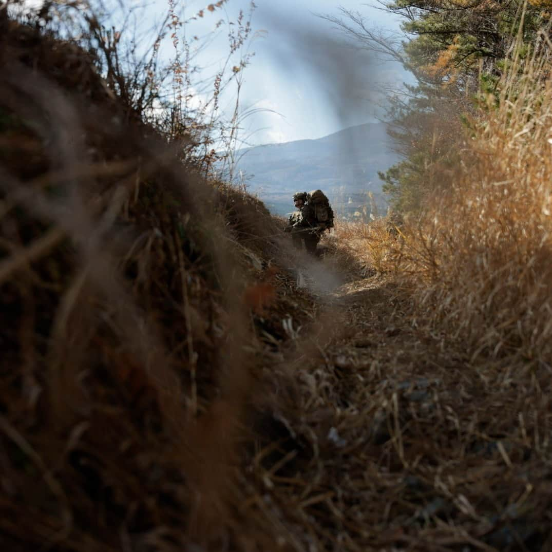 アメリカ海兵隊のインスタグラム：「Low Signature   📍 @CATC_CampFuji (Dec. 3, 2023)  #Marines with @1stmardiv move to their objective during Stand-in Force Exercise (SIFEX) 24.   SIFEX 24 is a division-level exercise involving all elements of the Marine Air-Ground Task Force focused on strengthening multi-domain awareness, maneuver, and fires across a distributed maritime environment.   📷 (U.S. Marine Corps photo by Cpl. Scott Aubuchon)  #USMC #MarineCombatArms」