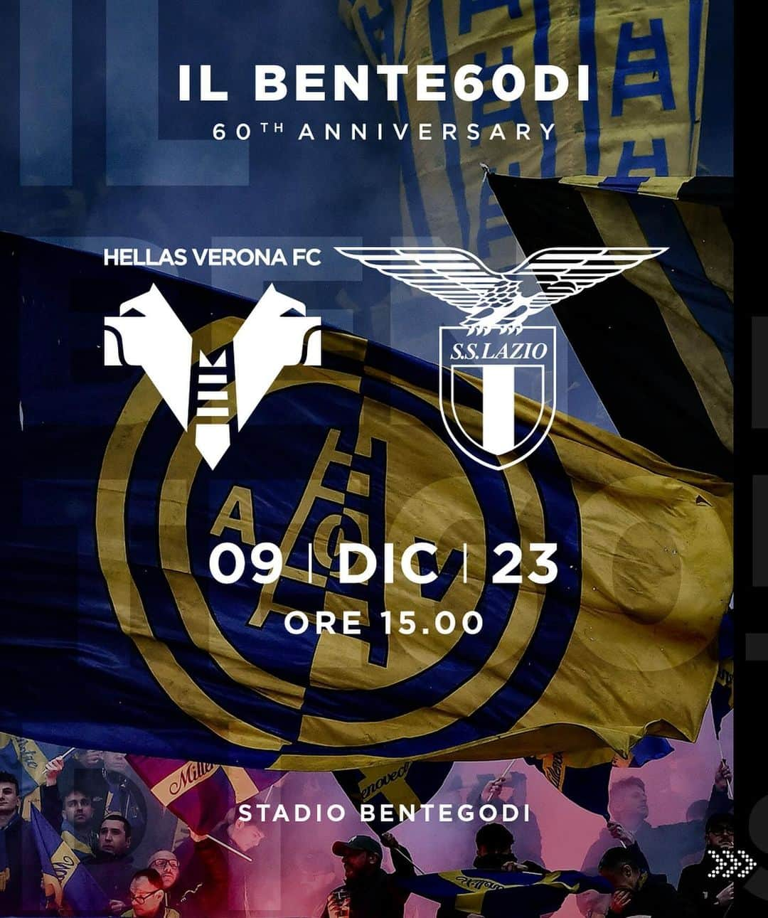 エラス・ヴェローナFCのインスタグラム：「𝐀𝐔𝐆𝐔𝐑𝐈 𝐁𝐄𝐍𝐓𝐄𝐆𝐎𝐃𝐈 💛💙  Tutti al Bentegodi, tutti per l’Hellas: per #VeronaLazio il Club ha pensato a prezzi speciali in tutti i settori per celebrare assieme i 60 anni del nostro stadio. Biglietti già in vendita!  #BENTE60DI 🟡🔵⚫️ #HVFC」