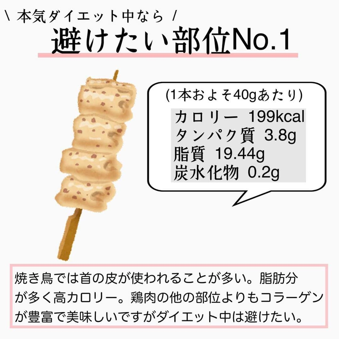 MariIryuさんのインスタグラム写真 - (MariIryuInstagram)「\ ダイエット中でもおすすめの焼き鳥ランキング🐓 / 痩せる方法をもっとみる▶︎ @marty2367 ⁡ 1年半で40kg痩せたマーティーです🩵 はじめましての方、一緒にダイエット&体質改善頑張るぞって方はぜひいいね&フォロー、保存してくださると更新の励みになります🥺💕 ⁡ ⁡ 今回のポイント_____✍🏼 ⚫︎ダイエット中の飲み会なら焼き鳥屋さんへGo！ ⚫︎焼き鳥の1串あたりの量は店により異なる。 ⚫︎おおよそ30g〜50gの間が基本。そのため皮以外は50gで算出したものをご紹介しています。 ⚫︎全て塩を前提、タレは避けるのがおすすめ ⚫︎鳥貴族さんの「鳥貴族焼き」だけは60gはあると思いますので栄養成分表示はHPを参考に。 ⁡ より詳しくはブログにて解説します🙏 🔗ブログのURLはプロフに貼ってます💻 ————————————————————— 🐰🌈2023年オンライン生募集要項🌈🐰 -DM新規問い合わせ特典あり🎁- ⁡ 次回最短は12/8スタート！ ⁡ \ 予約枠受付中 / ☑︎オンラインダイエット3週間&6週間 ☑︎妊活栄養コース3&4週間&6週間 ☑︎コンサルコース6週間&8週間 ※モニター枠は各クラス6週間から受付中 ⁡ お問い合わせ&ご予約は　@marty2367 Instagramのダイレクトメッセージに💌 ⁡ オンラインダイエットは日本全国、世界中どこからでもご参加いただけます☺️(LINEが使えればok!) 年齢制限もございません🙆‍♀️ ⁡ 既往歴、フォロー中の疾患などがあればそちらに合わせて指導内容を調節しております🙏 完全パーソナル食事指導サポートです。 妊活中&さらに減量が必要な場合は妊活栄養コースにご参加ください😌！ ⁡ 現在申し込みで自宅でできるトレーニング動画を受け取れるチャンス🎁有り！ 中目黒で直接パーソナルトレーニングを希望される方は @body_trim_tokyo_personalgym  のDMまでお問い合わせください💌 ————————————————————— #焼き鳥 #焼き鳥ダイエット #やきとり #外食ダイエット #ダイエット #ダイエットメニュー #ダイエット食事 #ダイエット初心者 #花嫁ダイエット #プレ花嫁ダイエット #産後ダイエット #人生最後のダイエット #妊活 #妊活初心者 #妊活ダイエット #オンラインダイエット #オンライン食事指導 #痩せる食事 #痩せる方法 #パーソナルジム東京 #パーソナルトレーニング #筋トレダイエット」12月4日 17時33分 - marty2367