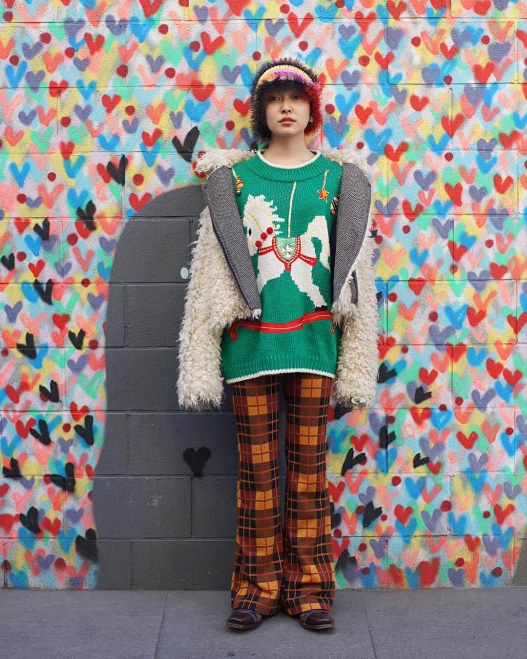 PUNK CAKEのインスタグラム：「✨ONLINE STORE NEW ARRIVAL✨  ✨Carousel knit sweater【SOLD】 ✨MokoMoko poodle riders jacket ✨Retro check flare pants  12月営業日/ 月,木,金,土,日 営業時間/ 13:00～20:00  住所/ 東京都目黒区鷹番3-4-10 2F」