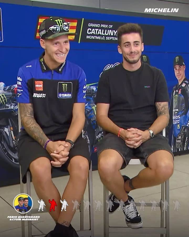 YamahaMotoGPのインスタグラム：「@fabioquartararo20 and his friend Tom Maubant participated in the Michelin MotoGP quiz. Did they manage to find all the correct answers? Watch the video for the answer!  🏍️🔍  #MichelinMotoGP #MotoGP #Motorcycle #quiz #FQ20 #MichelinMotorsport #Racing #MichelinTire」