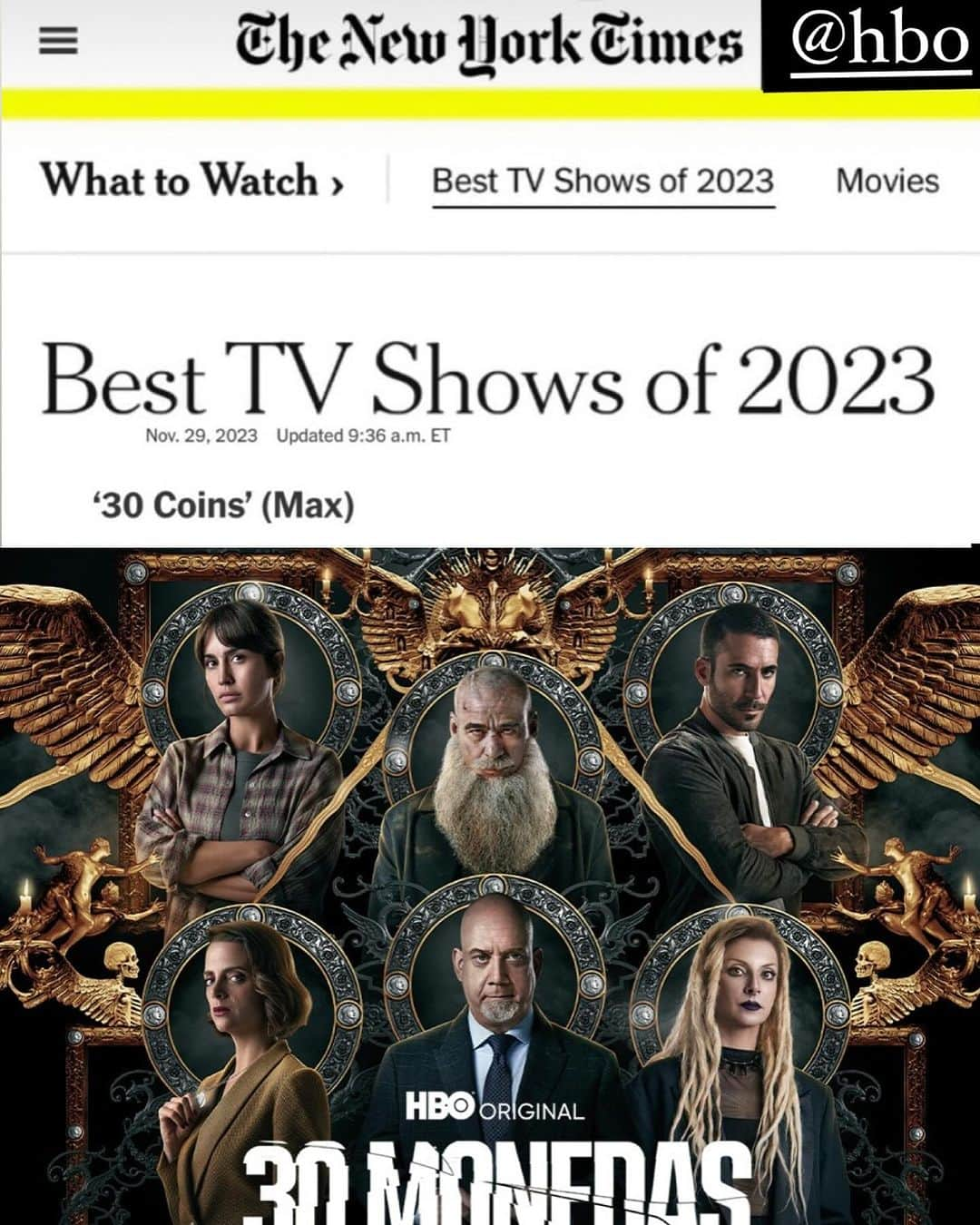 ミゲル・エンジェル・シルベストレのインスタグラム：「Que ilusión estar en la lista del @nytimes  “Mejores TV shows del 2023” Gracias por vuestro apoyo! @hbo @hbomaxes @hbomaxla  @alexdelaiglesia」