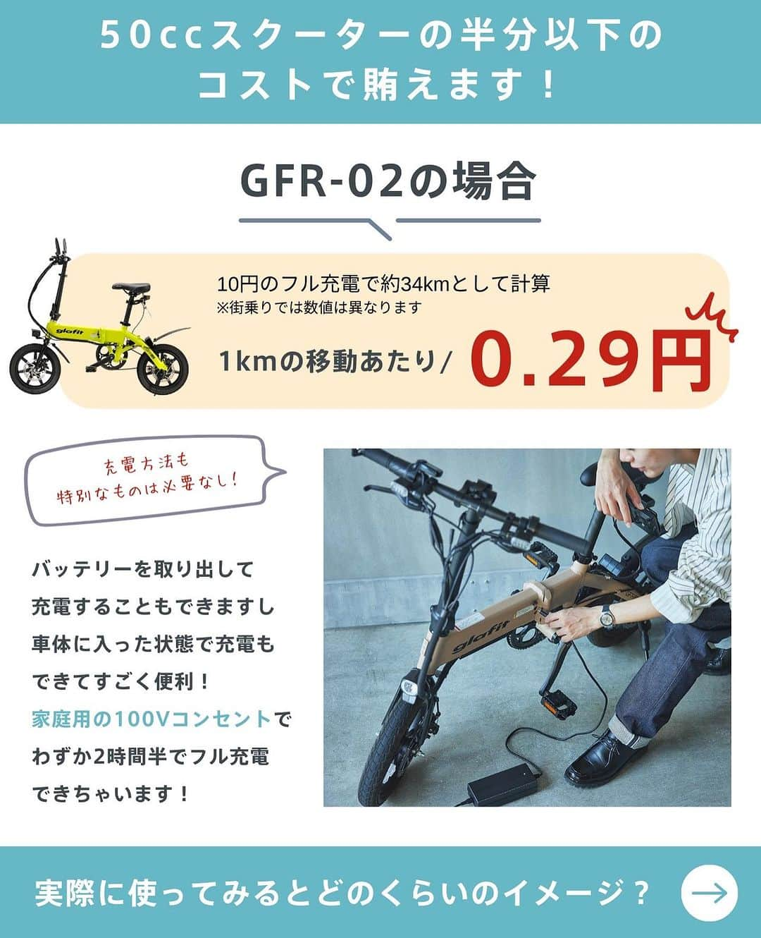 glafitさんのインスタグラム写真 - (glafitInstagram)「→ 電動バイクのコスパってどんな感じ？  ＼節約したいなら電動バイク！／  いつの間にか 結構お金がかさむのが「移動代」 50ccスクーターや、車の移動に必要な ガソリン代って結構バカにならないですよね。  電動バイクはその点、 コストパフォーマンスが圧倒的に良いんです👌  少しでも節約したい！ でもパワーはしっかり欲しい！ そんな方にはGFR-02がおすすめ！  画像で詳しくご紹介していますので、 ぜひ最後までチェックしてください！  ＝＝＝＝＝＝  #GFR-02 って  💫どこで買えるの？ 💫どういう乗り物なの？ 💫免許は必要？  などなど、 他の投稿でもご紹介しています！  ————————————  #glafit 株式会社  ◆Makuakeで1.3億円達成し、当時の日本最高記録を樹立！ #二刀流バイク 「GFR-02」  ◆Makuakeで1.5億円達成！ 立ち乗り電動スクーター「LOM」  #移動をタノシメ！ をコンセプトに、 glafitが開発した #次世代モビリティー のご紹介や、 それにまつわる情報をお届けするアカウントです✌️  ————————————  #glafitバイク #電動バイク #電動自転車 #モビチェン  #eバイク #ebike  #折りたたみ自転車 #原付 #バイク #原付バイク  #自転車生活 #cyclingme #bicyclee #チャリダー #street #SDGs #バイク好きと繋がりたい #バイクキャンプ #バイクのある生活 #コスパ #折りたたみバイク #電動ハイブリッドバイク」12月4日 20時41分 - enjoy_glafit