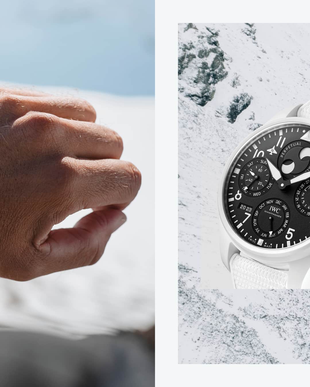 IWCさんのインスタグラム写真 - (IWCInstagram)「Get lost in the snow, as our hike with @thealpinists brings us to some of the most beautiful lakes in the Swiss mountains. Matching the alpine vistas of Sarganserland: the white ceramic of The Big Pilot’s Watch Perpetual Calendar TOP GUN “Lake Tahoe” (Ref. IW503008).  🔗Link In Bio  #IWCHolidaySeason | #IWClaketahoe | #TheOriginOfTime | #IWCPilot」12月4日 23時00分 - iwcwatches