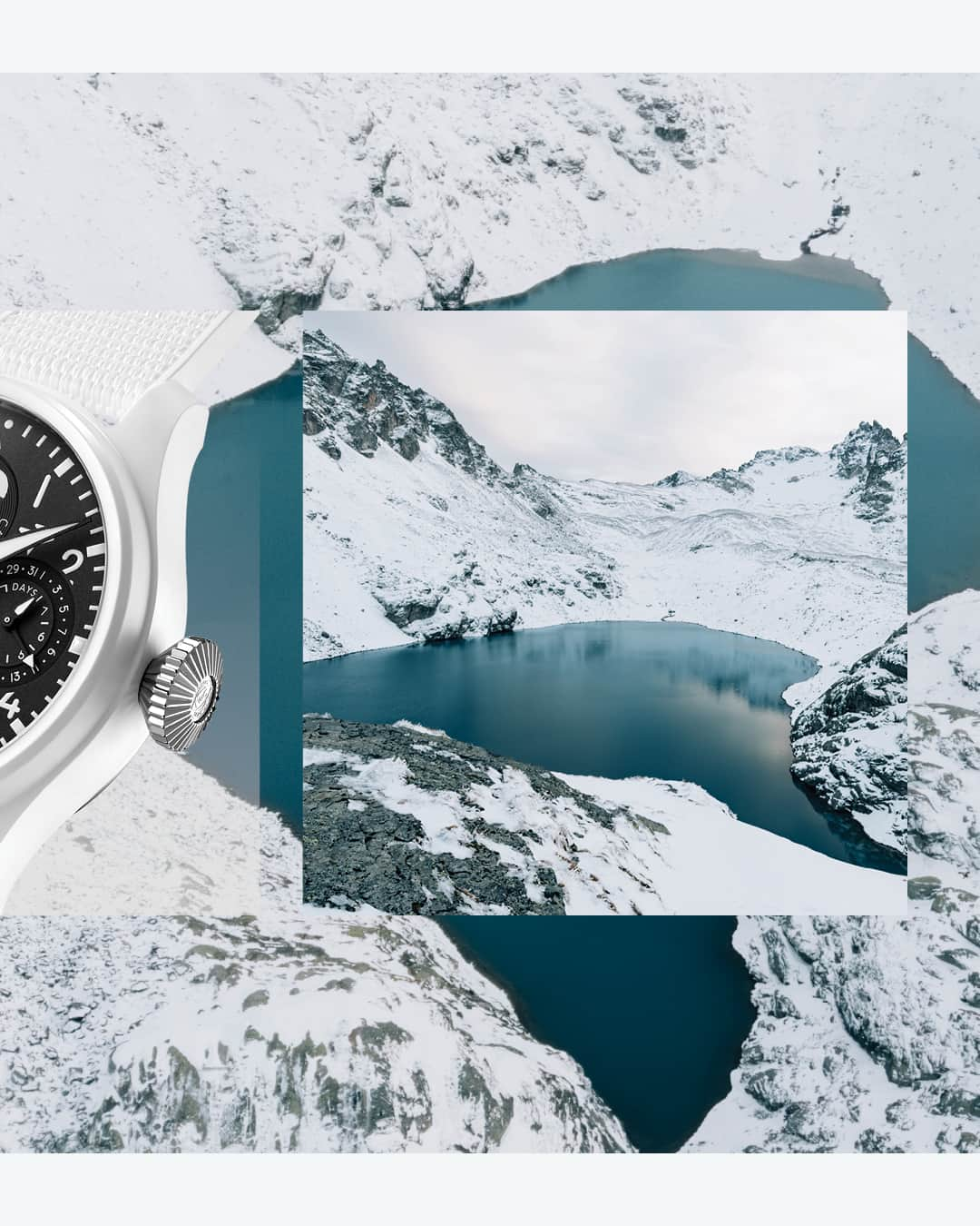 IWCさんのインスタグラム写真 - (IWCInstagram)「Get lost in the snow, as our hike with @thealpinists brings us to some of the most beautiful lakes in the Swiss mountains. Matching the alpine vistas of Sarganserland: the white ceramic of The Big Pilot’s Watch Perpetual Calendar TOP GUN “Lake Tahoe” (Ref. IW503008).  🔗Link In Bio  #IWCHolidaySeason | #IWClaketahoe | #TheOriginOfTime | #IWCPilot」12月4日 23時00分 - iwcwatches