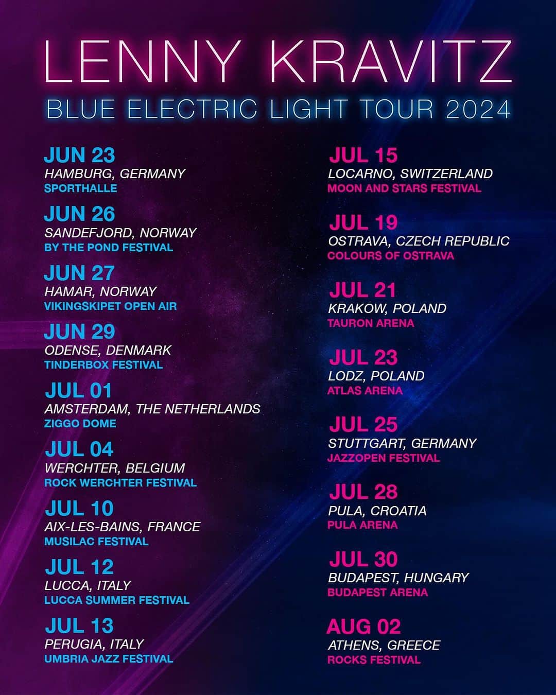 レニー・クラヴィッツさんのインスタグラム写真 - (レニー・クラヴィッツInstagram)「Blue Electric Light Tour 2024. Tickets on sale Friday.   📸: @markseliger」12月5日 18時00分 - lennykravitz