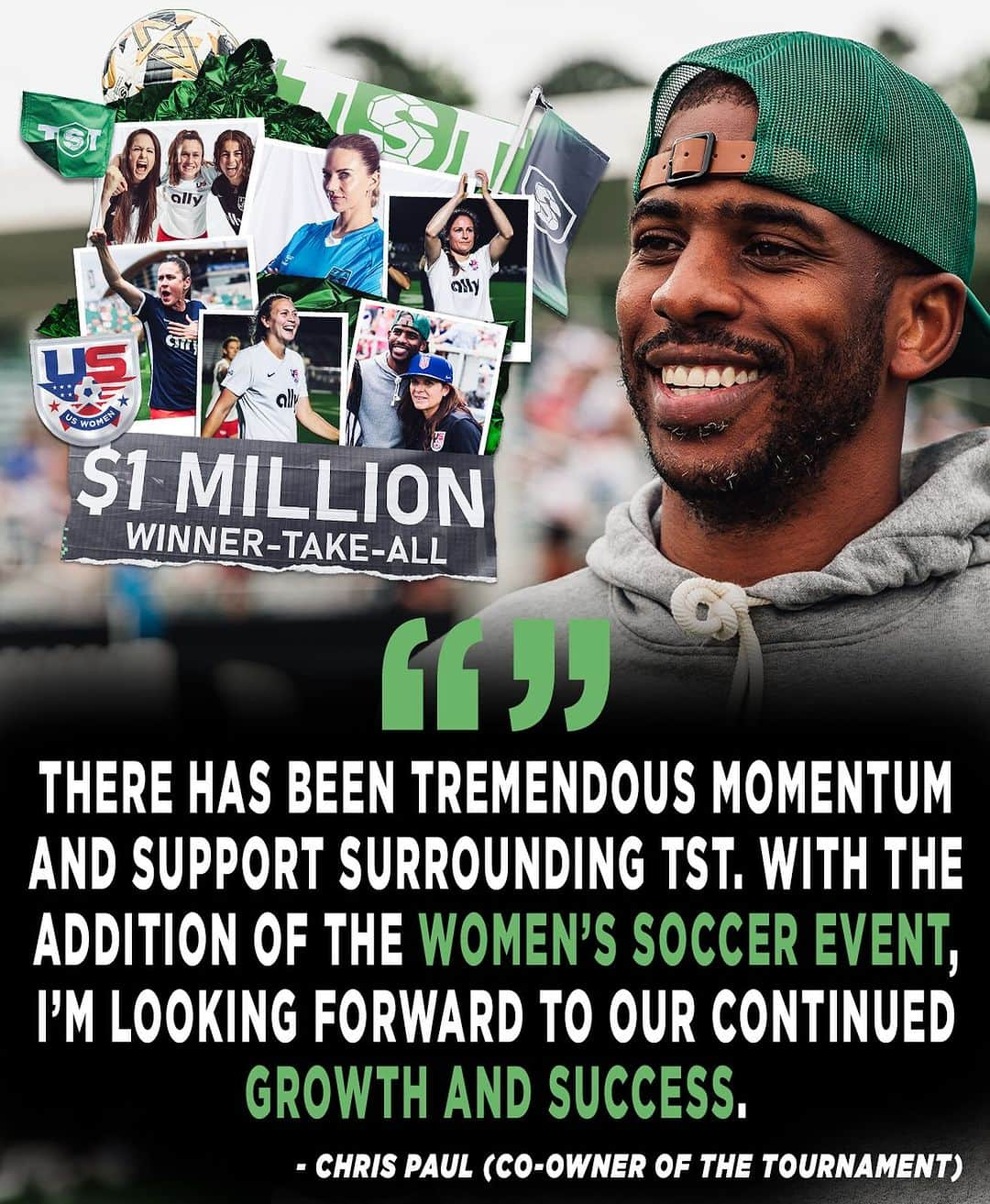 クリス・ポールのインスタグラム：「In 2024, for the first time ever, we will have three $1,000,000 events‼️  Here’s what Co-Owner of “The Tournament”, @CP3, had to say about the addition of the Women’s $1M Soccer Tournament:」