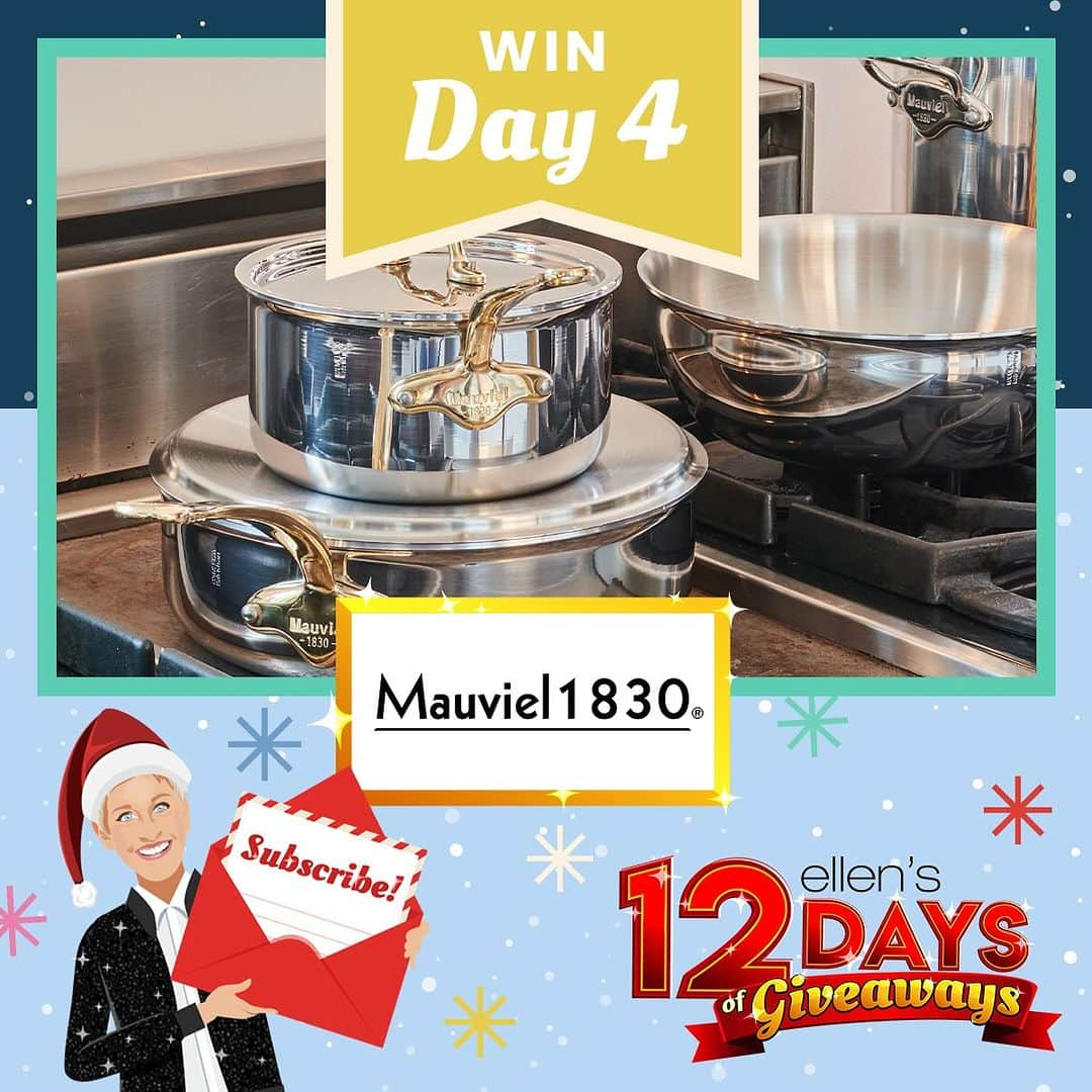 エレン・デジェネレスのインスタグラム：「It’s Day 4 of 12 Days giveaways! These gifts are out of this world, and I’m just getting cooking. And so are you! At least you will be with this incredible cookware set from the incredible French kitchenware brand Mauviel.  The only way to enter the #giveaway is through my newsletter, so make sure to check your inbox for the link to enter. Or sign up to start receiving my newsletter through the link in my bio or at ellenshop.com/12Days. Good luck! #Ellens12Days」