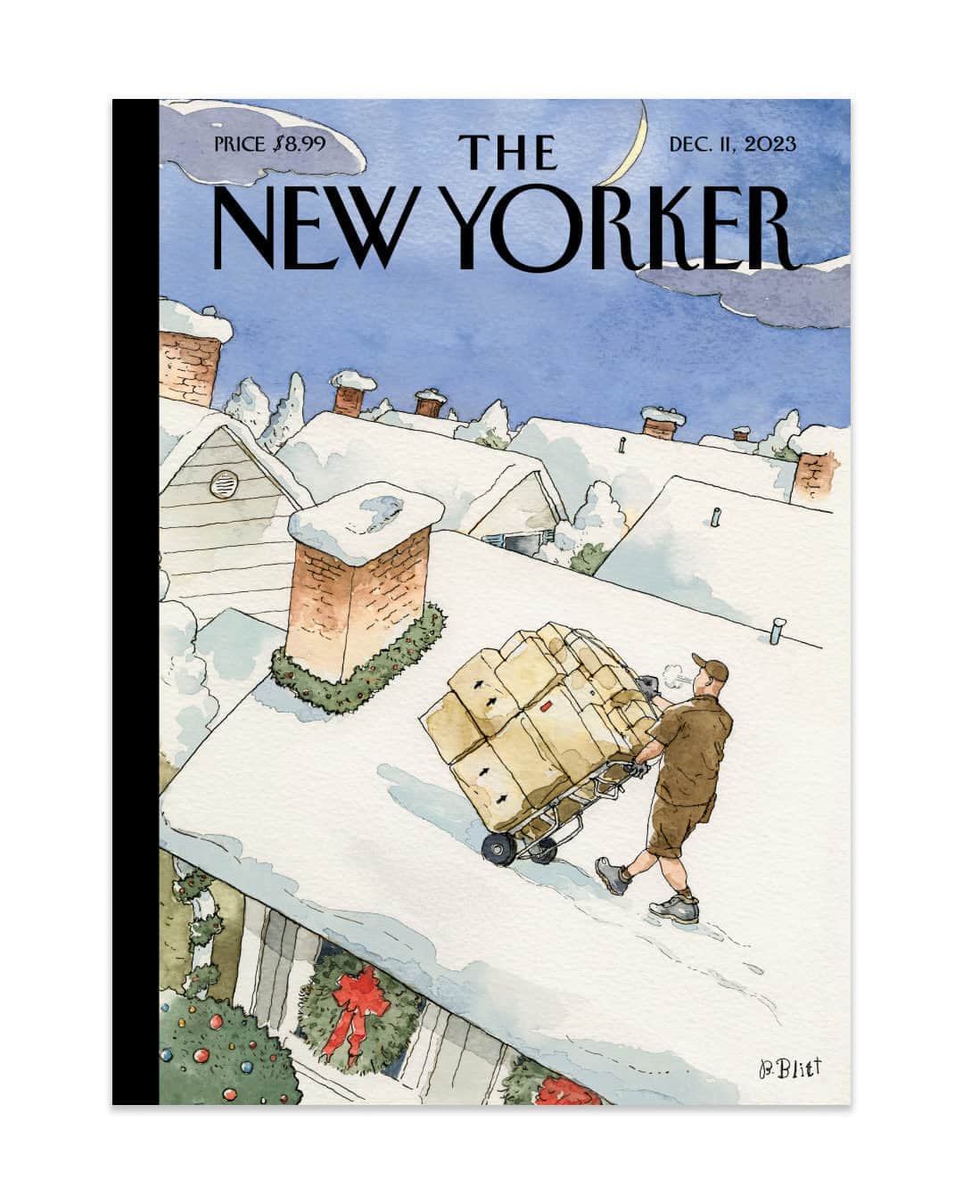 The New Yorkerのインスタグラム：「In his cover for this week’s issue, Barry Blitt captures the ubiquity of delivery workers, who bring the gifts of the season to our hearths. Tap the link in our bio to read a Q. & A. with the cartoonist about holiday shopping and his prized Popeye punching bag.」