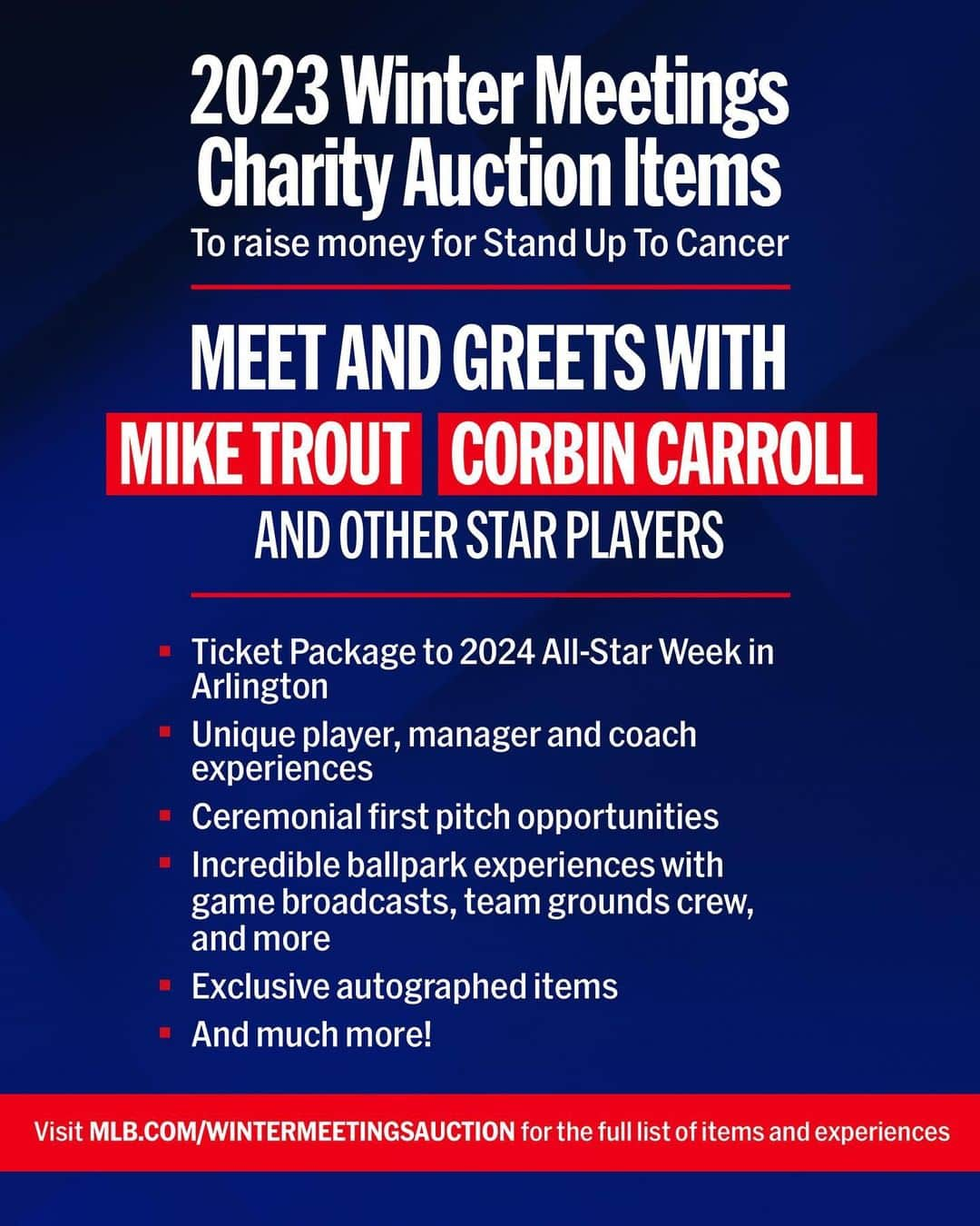 MLBのインスタグラム：「The 2023 #WinterMeetings Charity Auction will benefit @SU2C in honor of Billy Bean, MLB’s SVP of Diversity, Equity & Inclusion, and Catalina Villegas, MLB’s Director of Diversity, Equity & Inclusion, both of whom are in treatment for cancer diagnoses.  The full list of items and experiences: MLB.com/wintermeetingsauction」