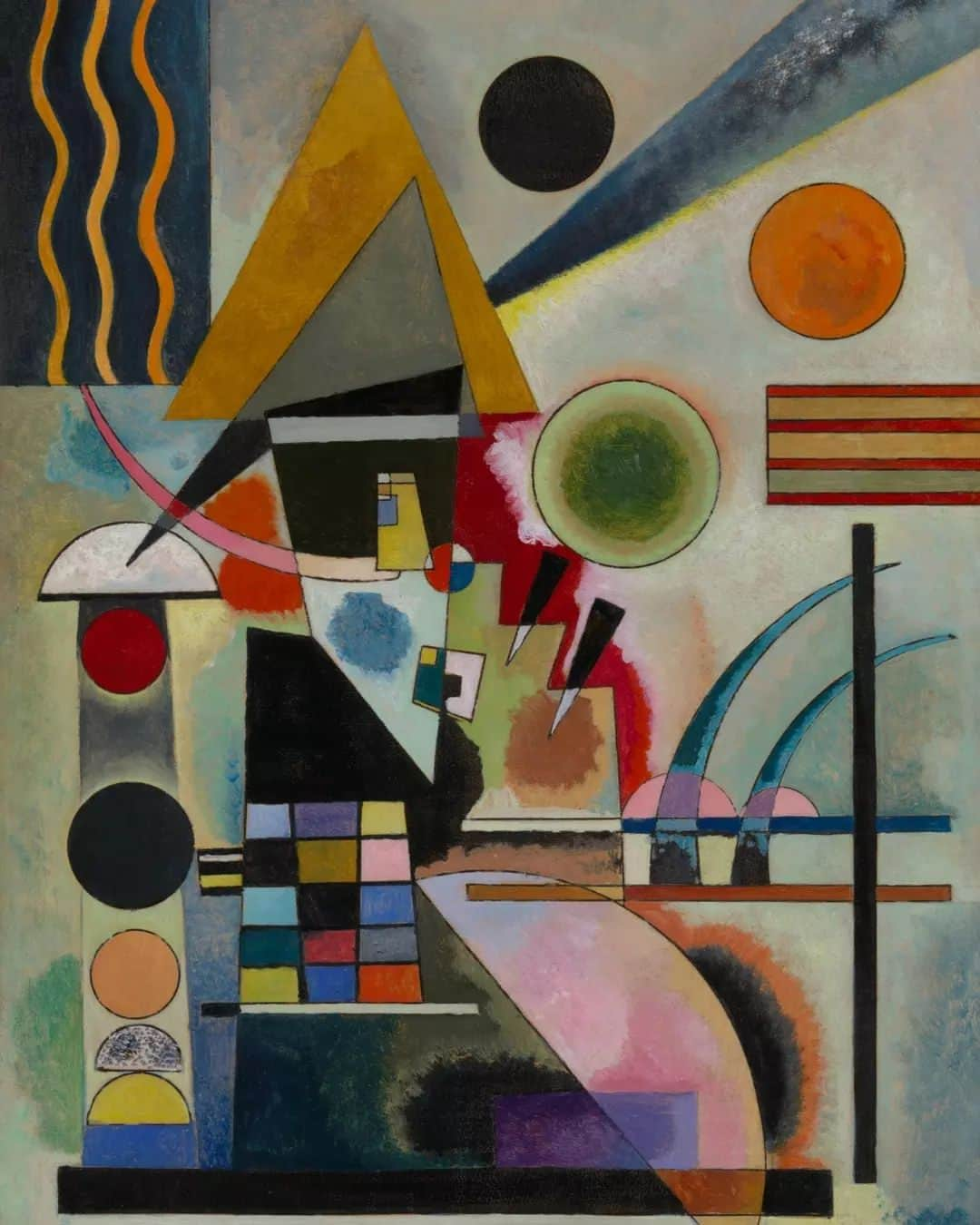 テート・ギャラリーのインスタグラム：「'Colour is a power which directly influences the soul' -  Wassily Kandinsky, born #OnThisDay in 1866. 🟠🔺🟦  Russian painter #WassilyKandinsky believed that painting should aim to be as abstract as music. He worked to create art that was free from all references to the material world. For Kandinsky, colour in particular was essential for liberating art from representing the visible world. 'Each colour lives by its own mysterious life,' he said.  The original German title of this painting was ‘Schaukeln’, sometimes translated as ‘Shaking’ or ‘Rocking’, but the most accurate English equivalent seems to be ‘Swinging’.   🎨 Wassily Kandinsky, Swinging, 1925, Tate collection」