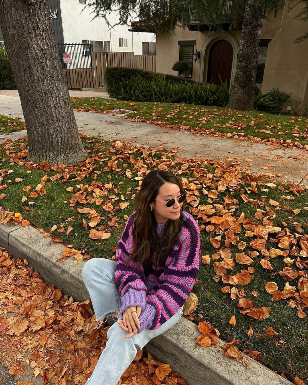 Beginning Boutiqueのインスタグラム：「A Fall vision 🍂 @heycynthialee wears our most-loved Belmont Stripe Sweater Purple!」