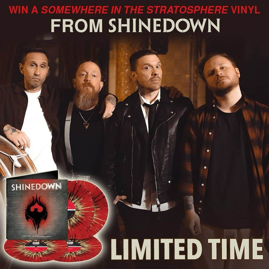 Shinedownのインスタグラム：「LIMITED TIME ONLY 🚨💿  We're giving away our NEW exclusive 4LP vinyl set of 'Somewhere in the Stratosphere' (drops this Friday) to one lucky fan! Could it be you?!!  ENTER TO WIN ➡️ MeetShinedown.com and share your favorite song from the album in the comments below.   PLUS you'll be in the running to win a VIP trip to hang with us at our last show of the year at @foxwoods in CT.  Use PROMO CODE: IDAREYOU for 300 BONUS ENTRIES when you enter before 12/6 at 11:59 pm PT. 🤘  GOOD LUCK!」