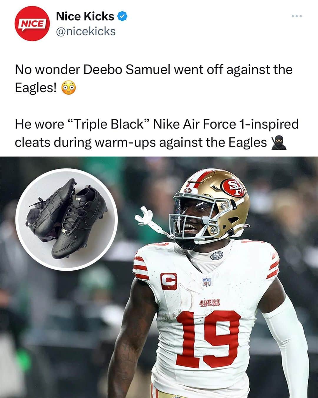 Nice Kicksのインスタグラム：「3 TDs and 148 total yards, Deebo channeled all the Black Air Force 1 energy he could against the Eagles 😂🔥🥷 @seantehdon   Follow @nicekicksgridiron for more #cleats content! 🔥🏈」