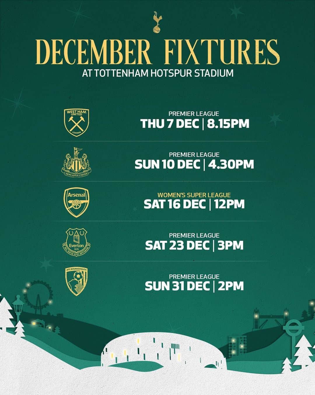 トッテナム・ホットスパーFCのインスタグラム：「A busy month ahead at Tottenham Hotspur Stadium, including @spurswomen’s North London Derby! 🤩   Which game are you most looking forward to? 🎄」