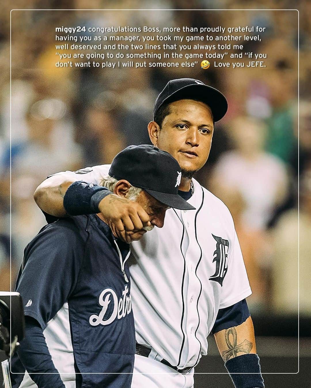 デトロイト・タイガースのインスタグラム：「Miggy tips his cap to the Skipper on his Hall of Fame nod.」