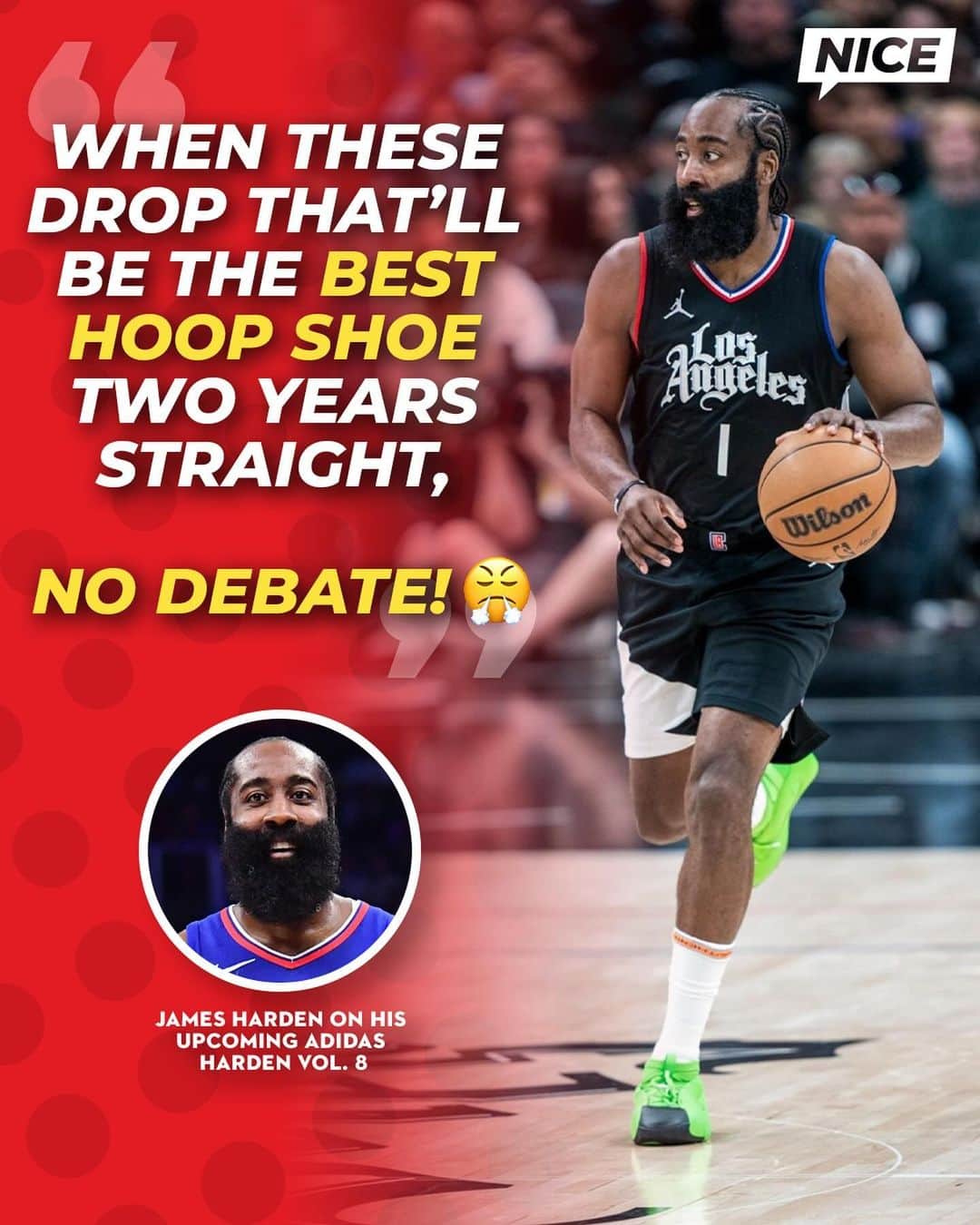 Nice Kicksのインスタグラム：「James Harden is talking a big game with his new adidas Harden Vol. 8 😤 Do y’all agree with him? 🤔   Follow @nicekickshoops for more #basketball #sneakers content! 🔥🏀」