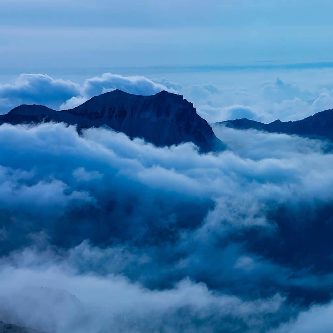 National Geographic Travelさんのインスタグラム写真 - (National Geographic TravelInstagram)「Photos by @stephen_matera | You might call it dusk or twilight, but photographers call it the blue hour. And for good reason. The color in this photo comes not from filters or Photoshop but from the color of the light that occurs naturally after the sun has set. Our brain will fool us into not seeing it, but the camera records the color of the light objectively. And here, the color adds to the mood of the clouds hovering around the mountains of the Central Cascades in summer, Mount Rainier National Park, Washington.   Follow me @stephen_matera for more images like this from Washington and around the world.」12月5日 8時50分 - natgeotravel