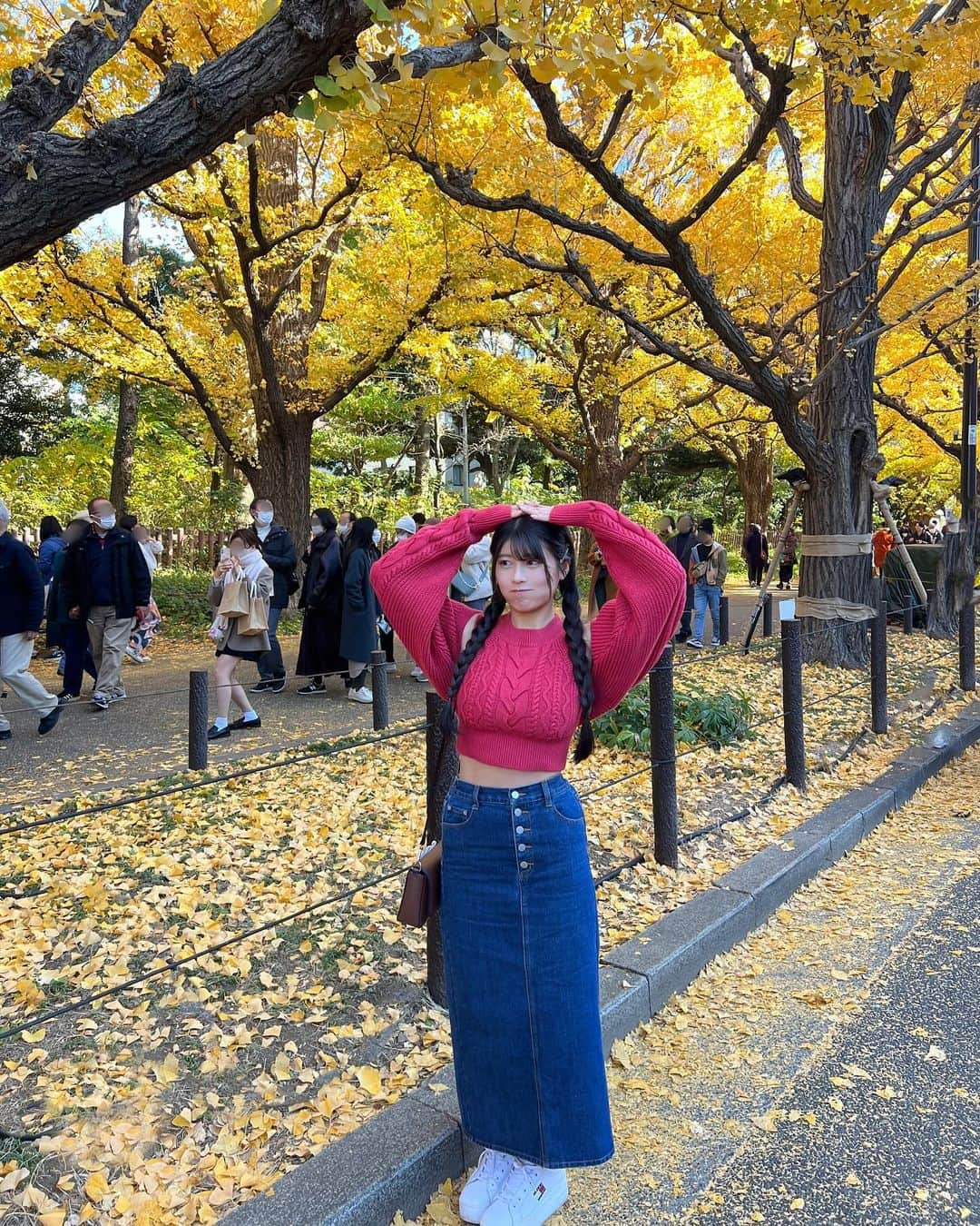 ちとせよしののインスタグラム：「毎年恒例のいちょう並木見に行ってきたよ~☺️🍁🍂 一面黄色💛赤のトップスが映えました(*ᐛ*)♡  #神宮外苑いちょう並木 #いちょう並木 #pinue #ニット #セットアップ #冬コーデ」