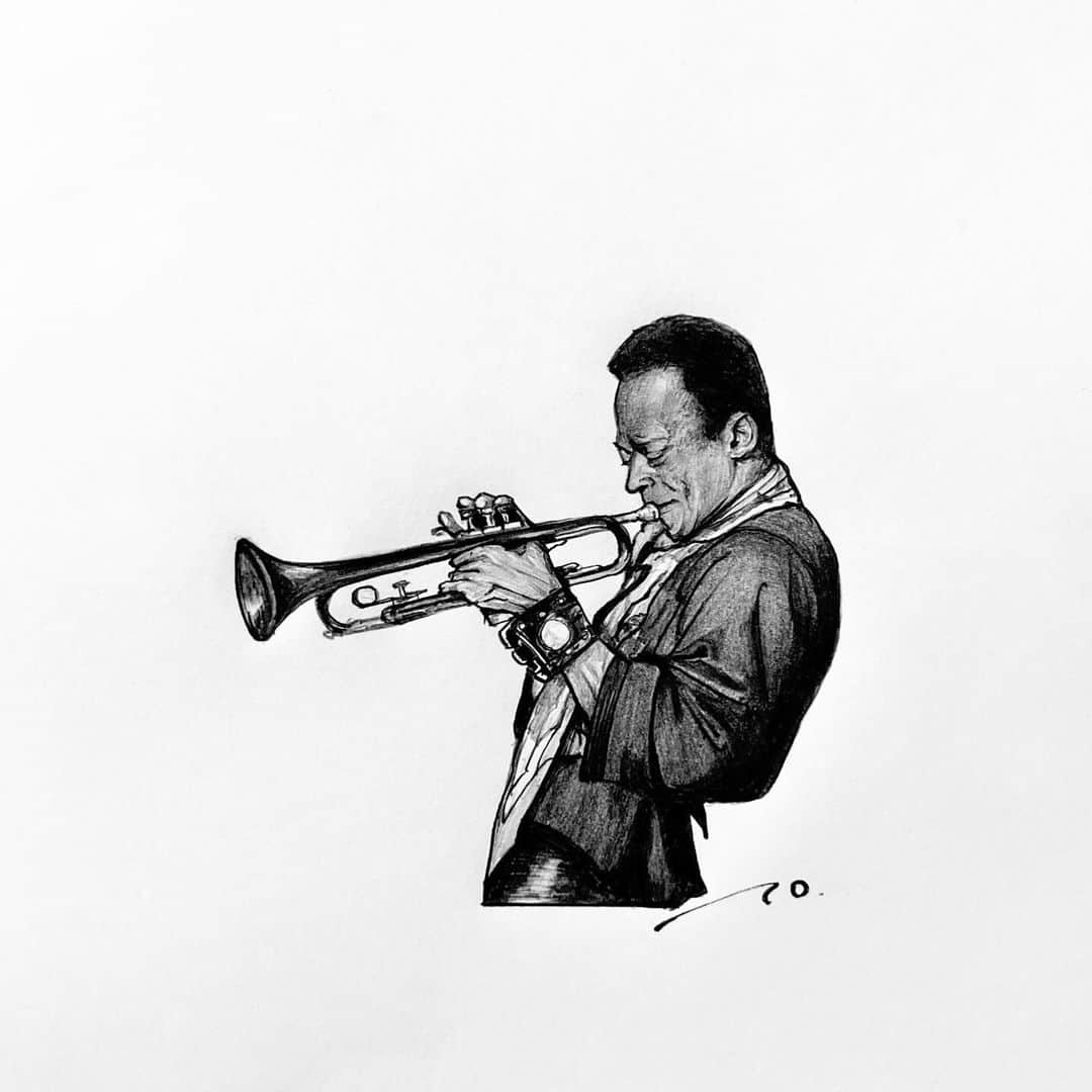 逢坂庵のインスタグラム：「23sketch1206 ・ ・ #jazz #jazzart #milesdavis #trumpet #jazztrumpet #modernjazz #pencil #illustagram #portraitsketch #blackandwhite #monochrome #ジャズ #マイルスデイビス #トランペット #鉛筆画 #人物画 #素描 #イラストグラム #モノクロイラスト #ジャズ好きな人と繋がりたい」