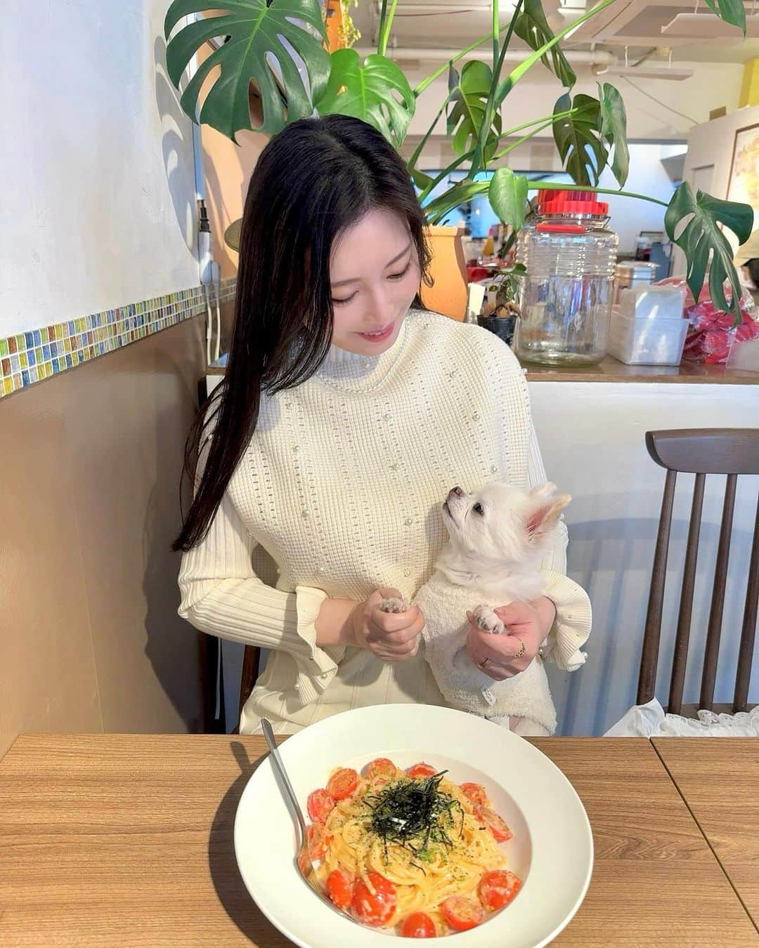 さわいえりのインスタグラム：「⠀  愛犬と一緒に楽しめる、 本場イタリアのマンマの味🇮🇹  (@buono_and_felice)  ランチに明太クリームトマトパスタ食べに行ってきたよ♡ スープとサラダもセットになっているからボリューム満点♪  私明太子大好きだから、パスタはいつも明太入ってるの注文するほどよく食べてるんだけど、こちらのパスタは一口目から美味しくてびっくりした🫢  クリーミーな明太クリームとトマトの酸味がすごく合うし、 麺もほどよいもちもち感でクリームによく絡みます。  わんちゃん用メニューもたくさんあったから、 今度は頼んでみたいと思います🐶  プロの料理研究家でオーナーの トマト姫と写真撮ってもらったよ👸 リボンが魔女の宅急便キキみたいで可愛かったです🍅　  ほんとに駅前すぐで立地もいいし、 わんことゆったりくつろげるからおすすめ♪  📍 東京都世田谷区上野毛1-25-8　店舗1FHK　ビル　Buono&Felice  ⠀  ⠀  PR #トマト姫 #トマト料理専門店 #上野毛ランチ #ペットOK #ペットフレンドリー #パスタランチ #明太クリームトマトパスタ #上野毛グルメ#世田谷グルメ#世田谷」