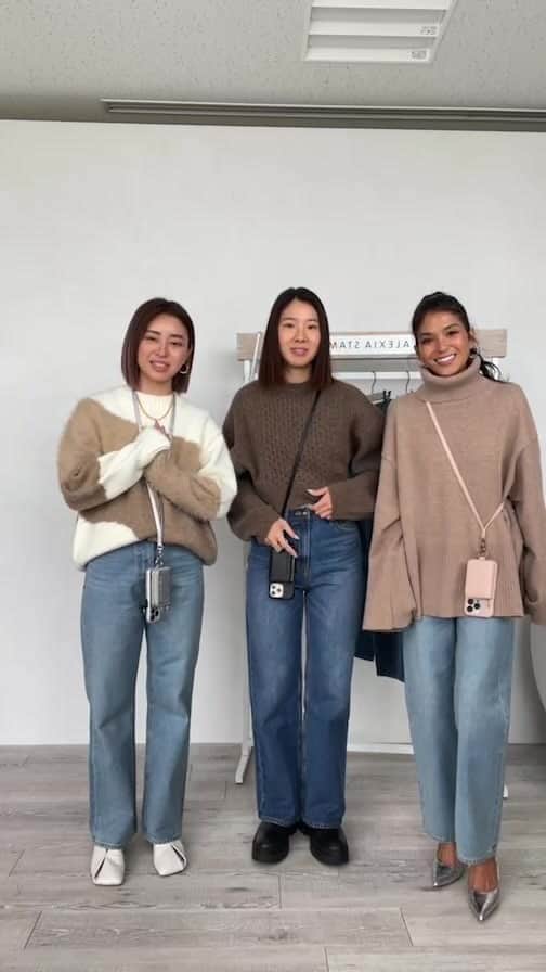 ALEXIA STAMのインスタグラム：「12/5(tue)19:00から発売の新商品6型のご紹介です♡  Heart straight denim pants  ∟ ハートの刺繍が素敵なデニムパンツ👖 ストレートシルエットで脚が美しくみえます🤍  Chain Ring  ∟ チェーンの切り替えのデザインが魅力のリング💍  Bicone Beads Earrings  ∟ 華奢なフープピアス。存在感抜群です。 サージカルステンレス素材。  Bicone Beads Necklaces  ∟ 円盤ビーズのデザインで調整可能なネックレス。サージカルステンレス素材✨  Eco Leather iPhone Case With Shoulder Strap ∟ ご好評のiPhoneがリニューアルして登場✨」