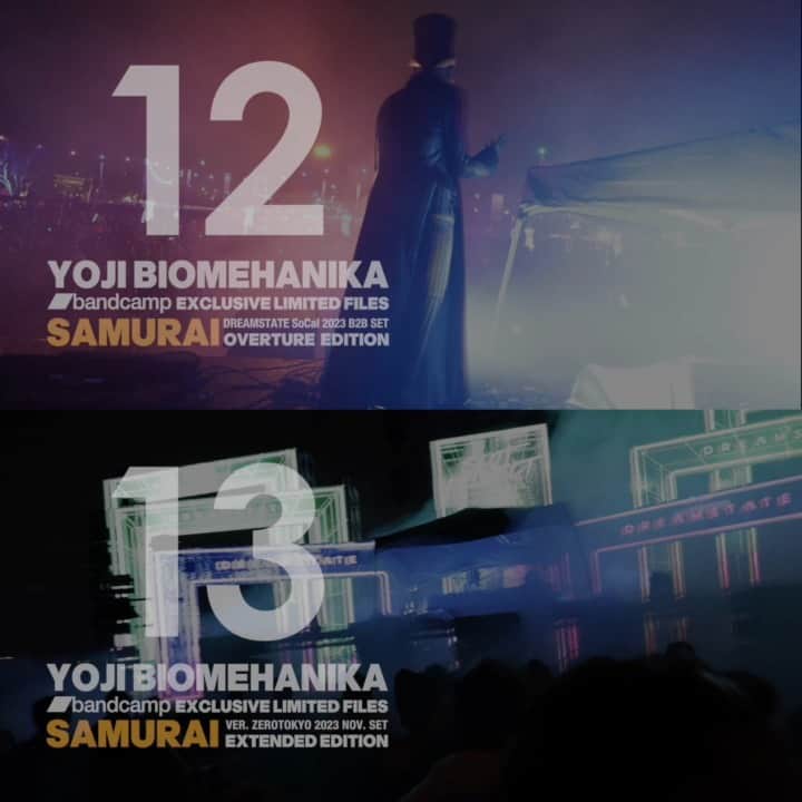 YOJI BIOMEHANIKAのインスタグラム：「ファンの皆様からのご要望にお応えして、今回"SAMURAI"関連の二つのファイルを公開しました。 https://biomehanika.bandcamp.com/ [No.12] 先日Dreamstate SoCal 2023 B2Bセットのオープニングで奏でた "SAMURAI "のファイルを公開しました。SAMURAIの特徴であるユニークなシンセサイザー・サウンドの断片に、新たに書き下ろしたストリングス／パッド・アンサンブル、モノローグ、そして皆さんがご存知のオリジナル・ミックスのショート・エディットを合体させ仕上げたものです。 [No.13] こちらはオリジナルミックスに少し手を加え、No.12のOVERTURE EDITIONと同じストリングス/パッドのアンサンブルとモノローグを曲中に挿入したスペシャルヴァージョンです。曲の尺が長いのでDJ諸氏には使い易いであろう仕様になっております。こちらは先日のZEROTOKYOで僕がプレイするためにリアレンジした特別なものです。 公開は一週間限定です。期限は12月12の19:59です。お気をつけください。」