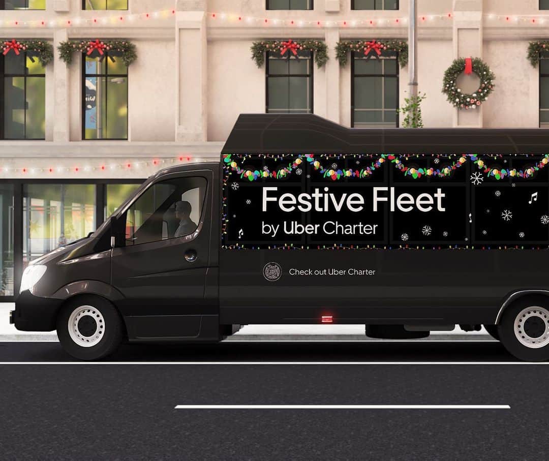 Uberのインスタグラム：「Forget the one horse open sleigh, and book one of our Festive Fleets instead.   For a limited time this month, grab the fam and friends to experience our Festive Fleet of decked out buses, complete with karaoke 🎤, holiday lights ✨, photo props 📷, and more.   Available in New York City, Los Angeles, Miami, Chicago and Washington, D.C.   Why haven't you booked one yet? See app for details.」