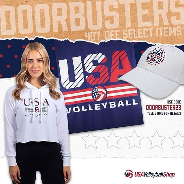 USA Volleyballのインスタグラム：「Big doorbusters sale! 40% off select items with code 𝗗𝗢𝗢𝗥𝗕𝗨𝗦𝗧𝗘𝗥𝟮𝟯 at checkout.  Shop now, 🔗 in bio.」