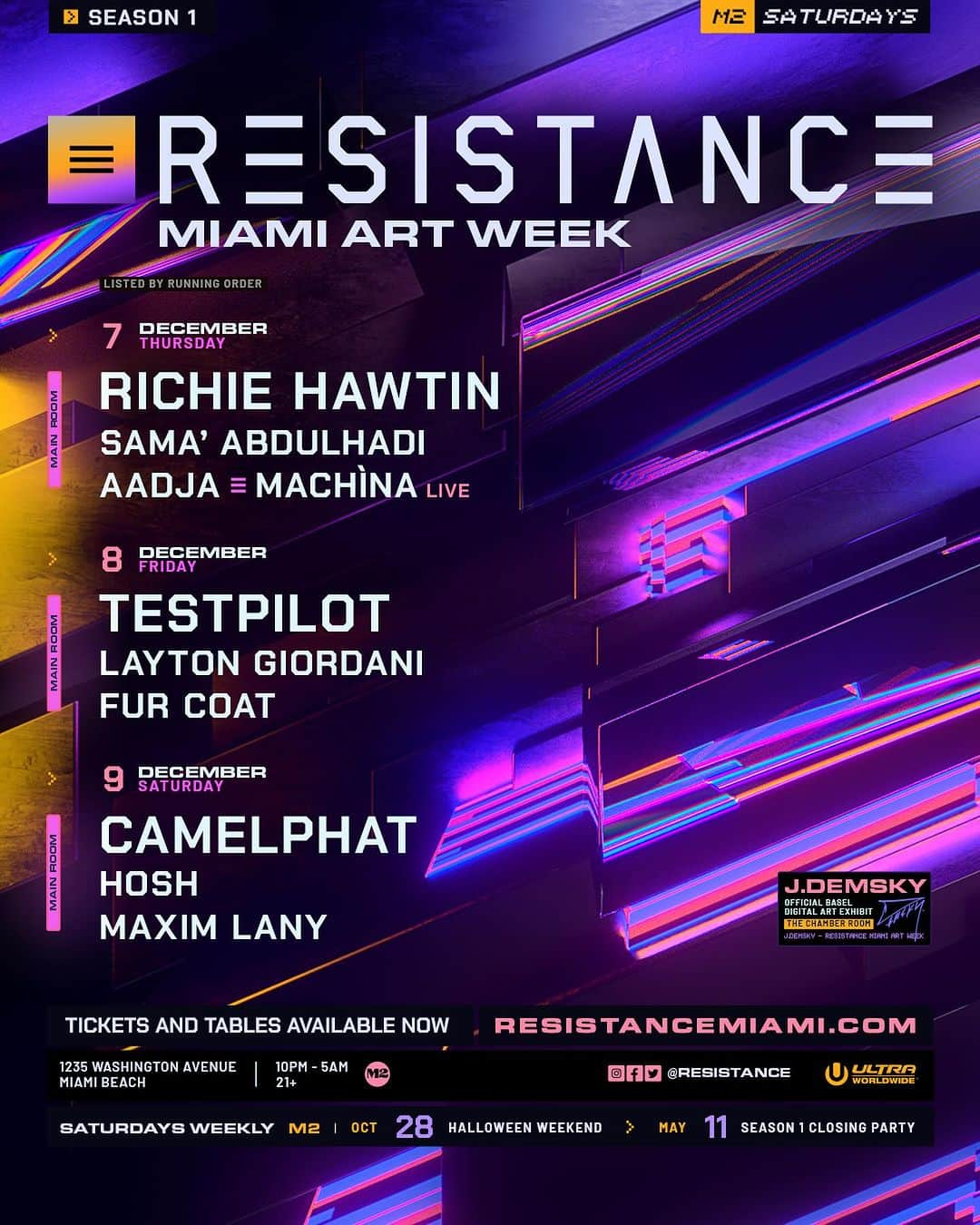 Ultra Music Festivalのインスタグラム：「RESISTANCE goes from the Megastructure to the Main Room  Season 1 of the @RESISTANCE Miami Club Residency has been nothing short of incredible thus far! Join us on the dancefloor December 7-9 for Miami Art Week as we showcase @richiehawtin, @toliptset, @camelphatmusic and more at @m2_miami!  Tickets on sale now ➡️ resistancemiami.com/tickets  Table Reservations available ➡️ resistancemiami.com/tables」