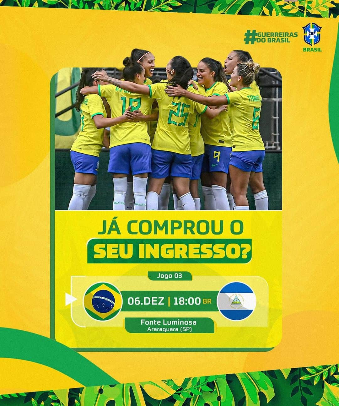 サッカー ブラジル代表チームのインスタグラム：「O último amistoso do ano em casa! Ainda dá tempo de garantir o seu ingresso para o jogo de amanhã contra a Nicarágua, na Fonte Luminosa! Venha apoiar a #SeleçãoFeminina! 💛  🇧🇷 x 🇳🇮 🗓️ 06/12 - 18h 🏟️ Fonte Luminosa - Araraquara (SP) 🎟️ https://www.totalticket.com.br/evento/23014 (Link na bio e nos stories)」